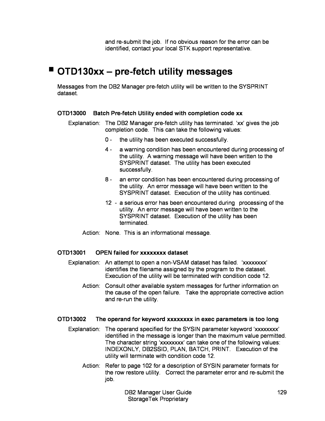 StorageTek 312564001 manual OTD130xx – pre-fetchutility messages 