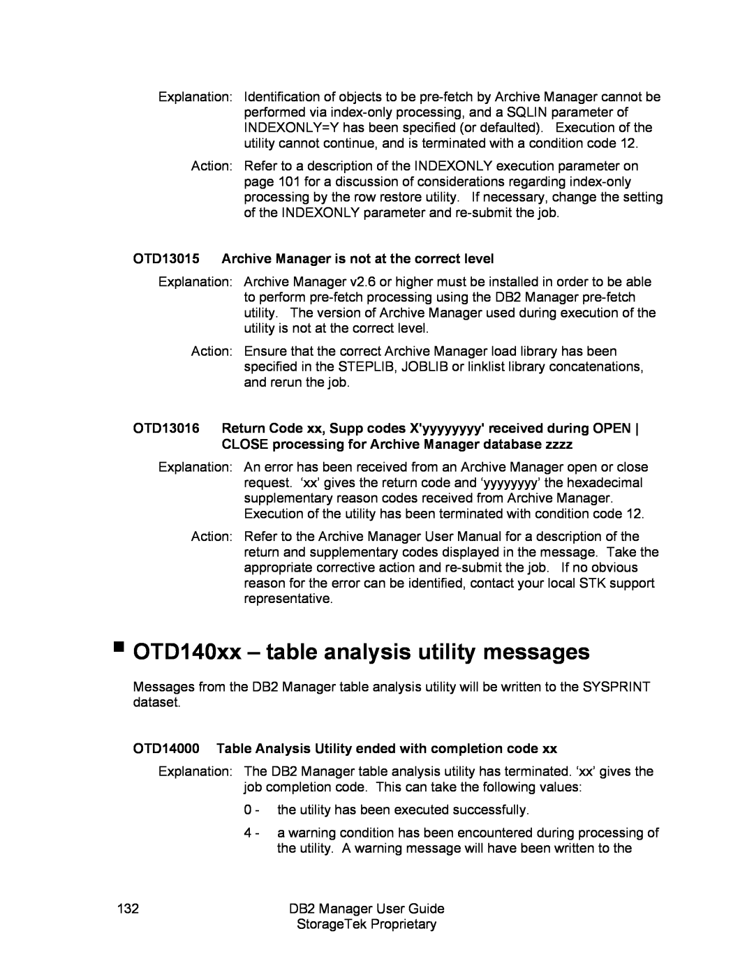 StorageTek 312564001 manual OTD140xx - table analysis utility messages 