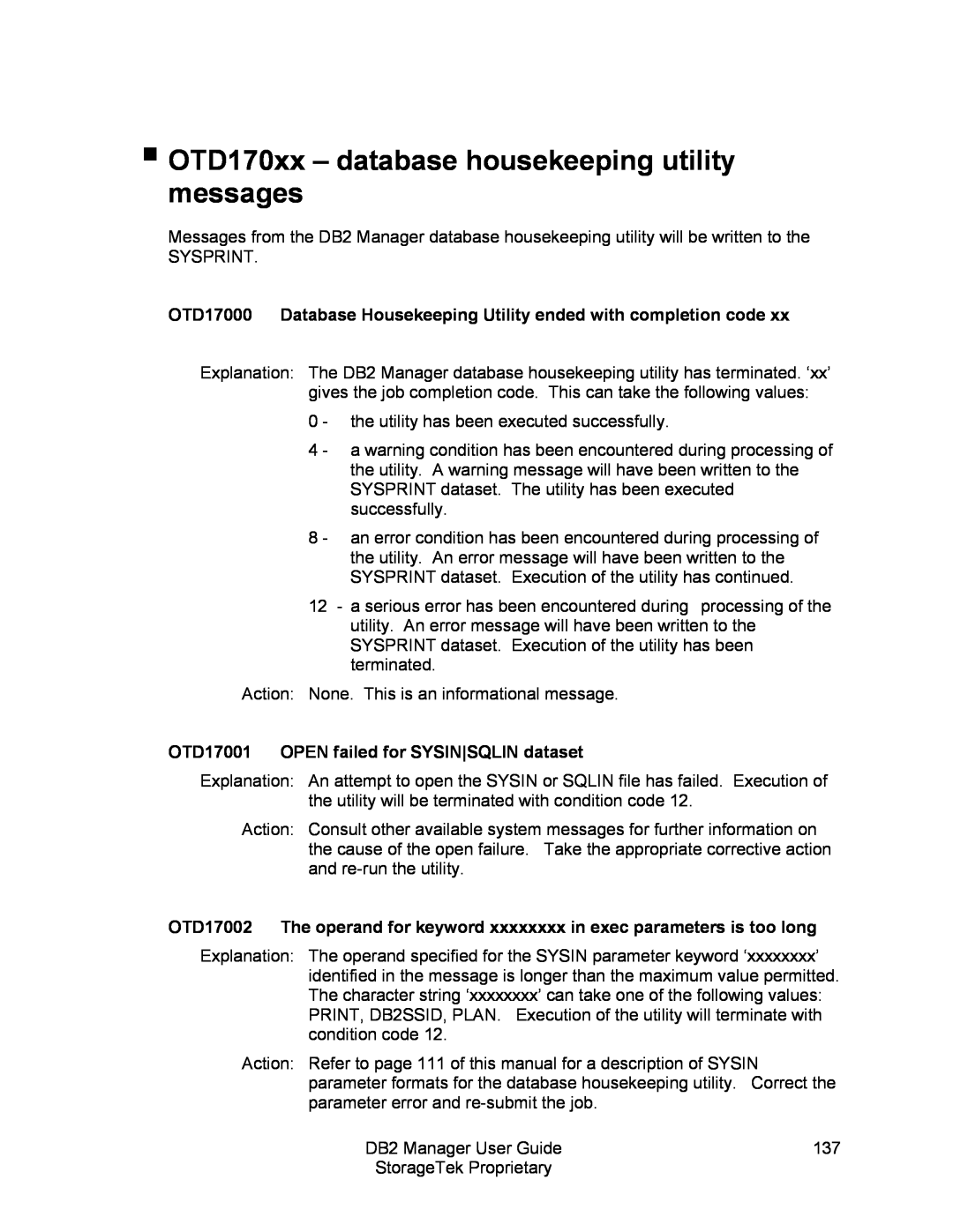 StorageTek 312564001 manual OTD170xx – database housekeeping utility messages 