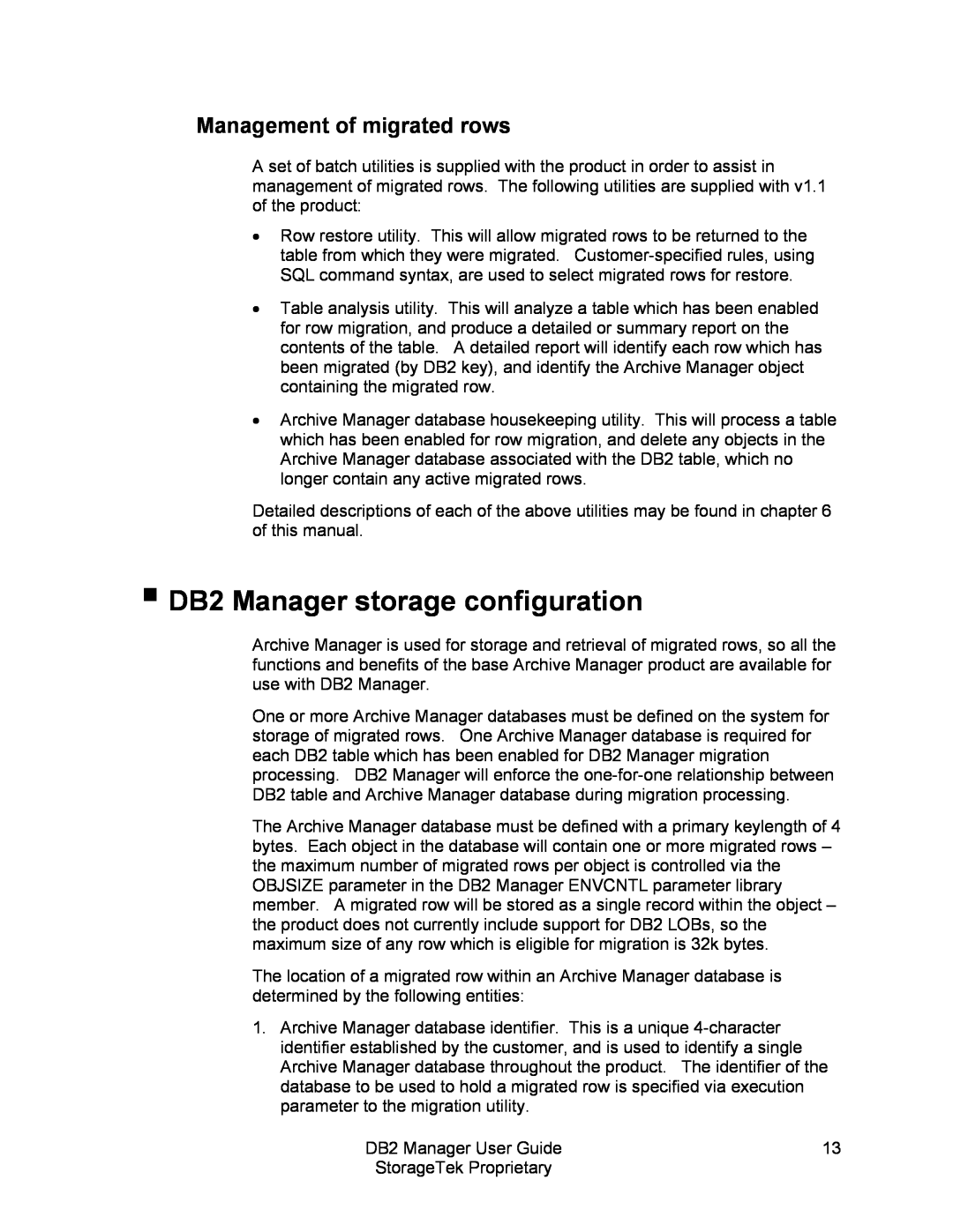 StorageTek 312564001 manual DB2 Manager storage configuration, Management of migrated rows 