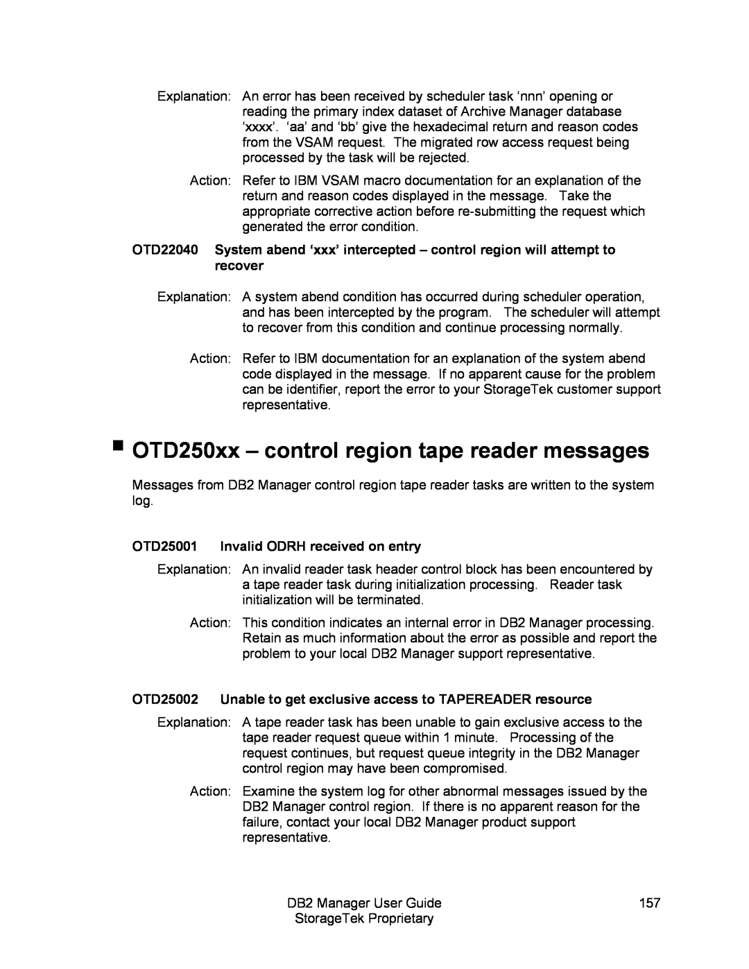 StorageTek 312564001 manual OTD250xx – control region tape reader messages 