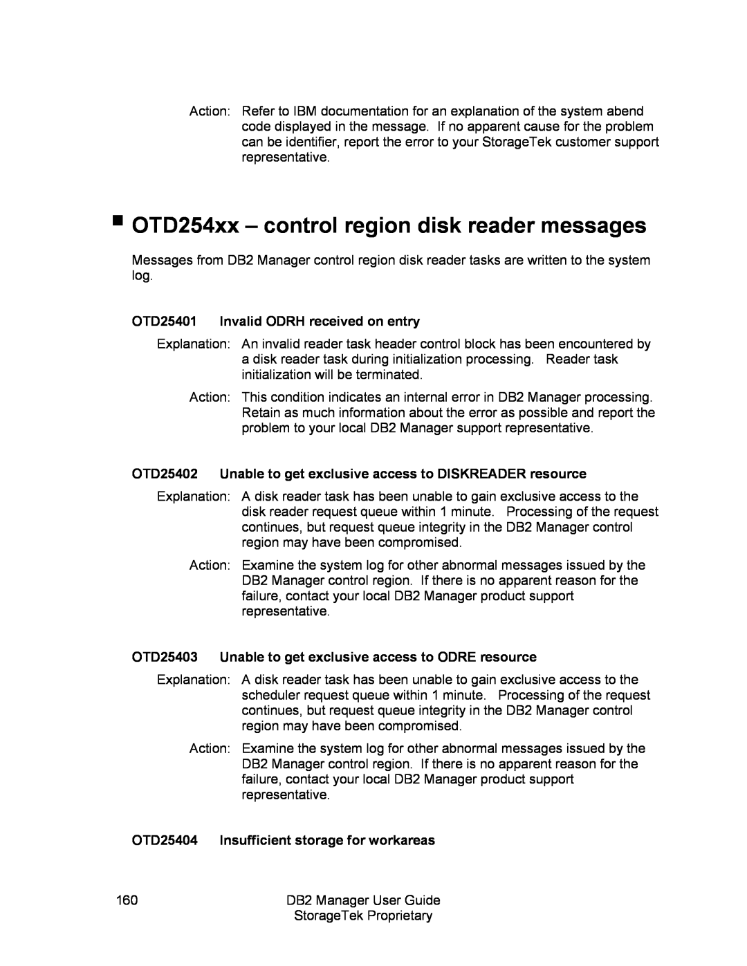 StorageTek 312564001 manual OTD254xx – control region disk reader messages, OTD25401 Invalid ODRH received on entry 
