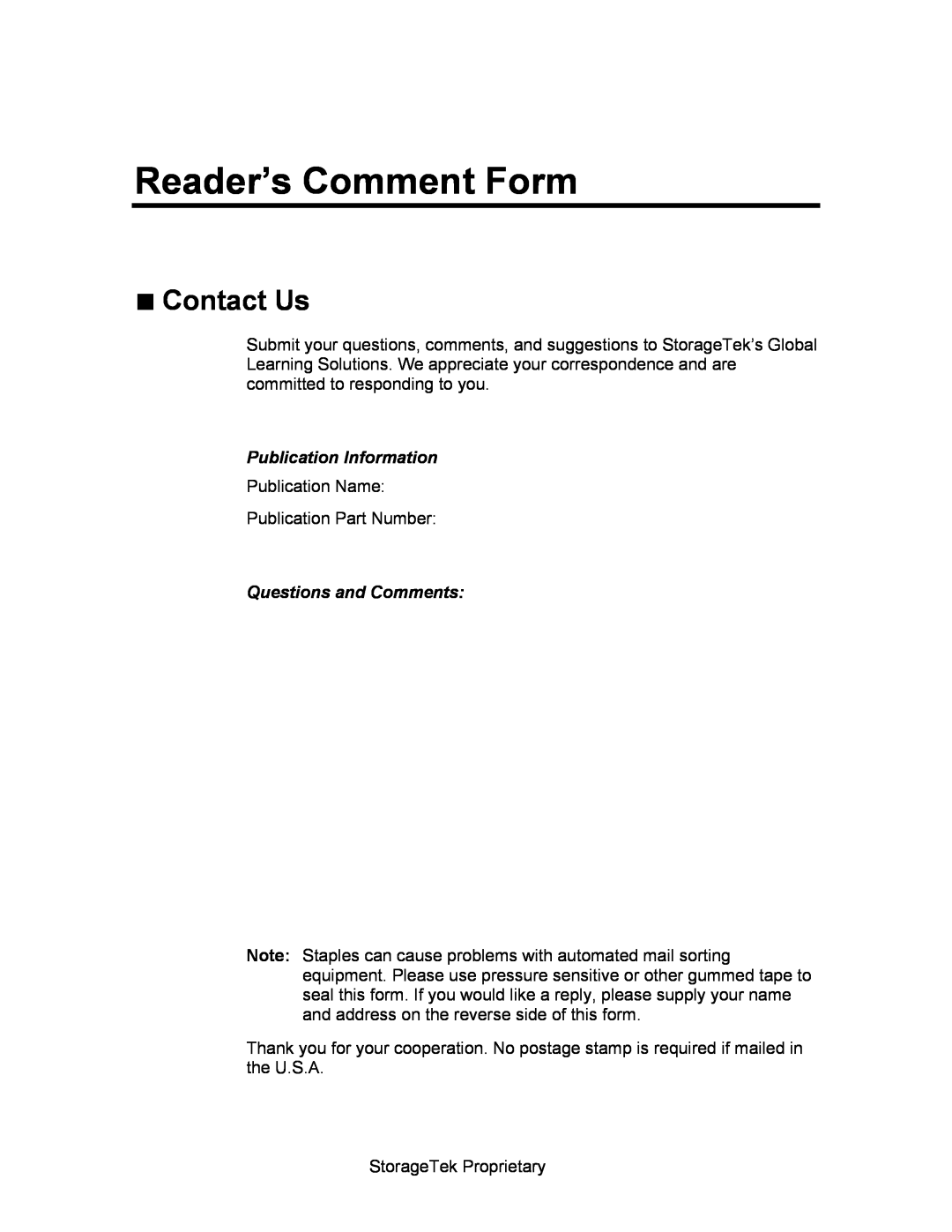 StorageTek 312564001 manual ∎Contact Us, Reader’s Comment Form, Publication Information, Questions and Comments 
