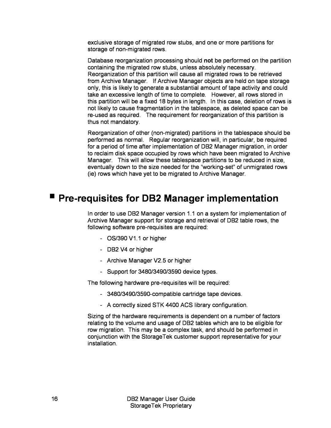 StorageTek 312564001 manual Pre-requisitesfor DB2 Manager implementation 