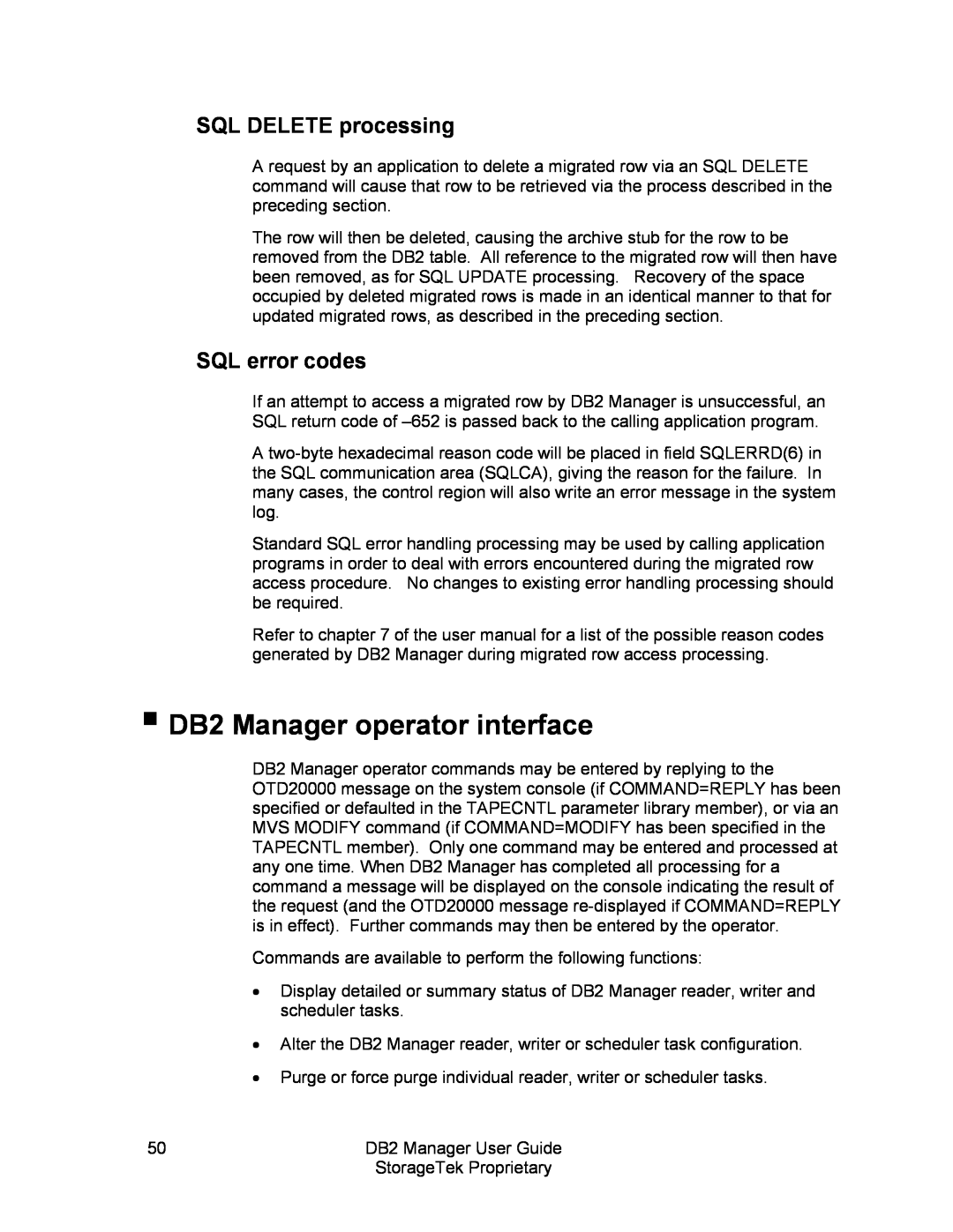 StorageTek 312564001 manual DB2 Manager operator interface, SQL DELETE processing, SQL error codes 