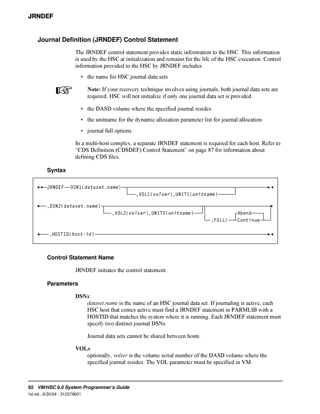 StorageTek 6 manual Jrndef, Journal Definition JRNDEF Control Statement, Syntax, Control Statement Name, Parameters 