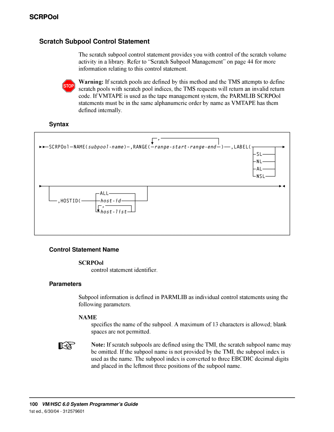 StorageTek 6 manual SCRPOol Scratch Subpool Control Statement, Syntax, Control Statement Name, Parameters 