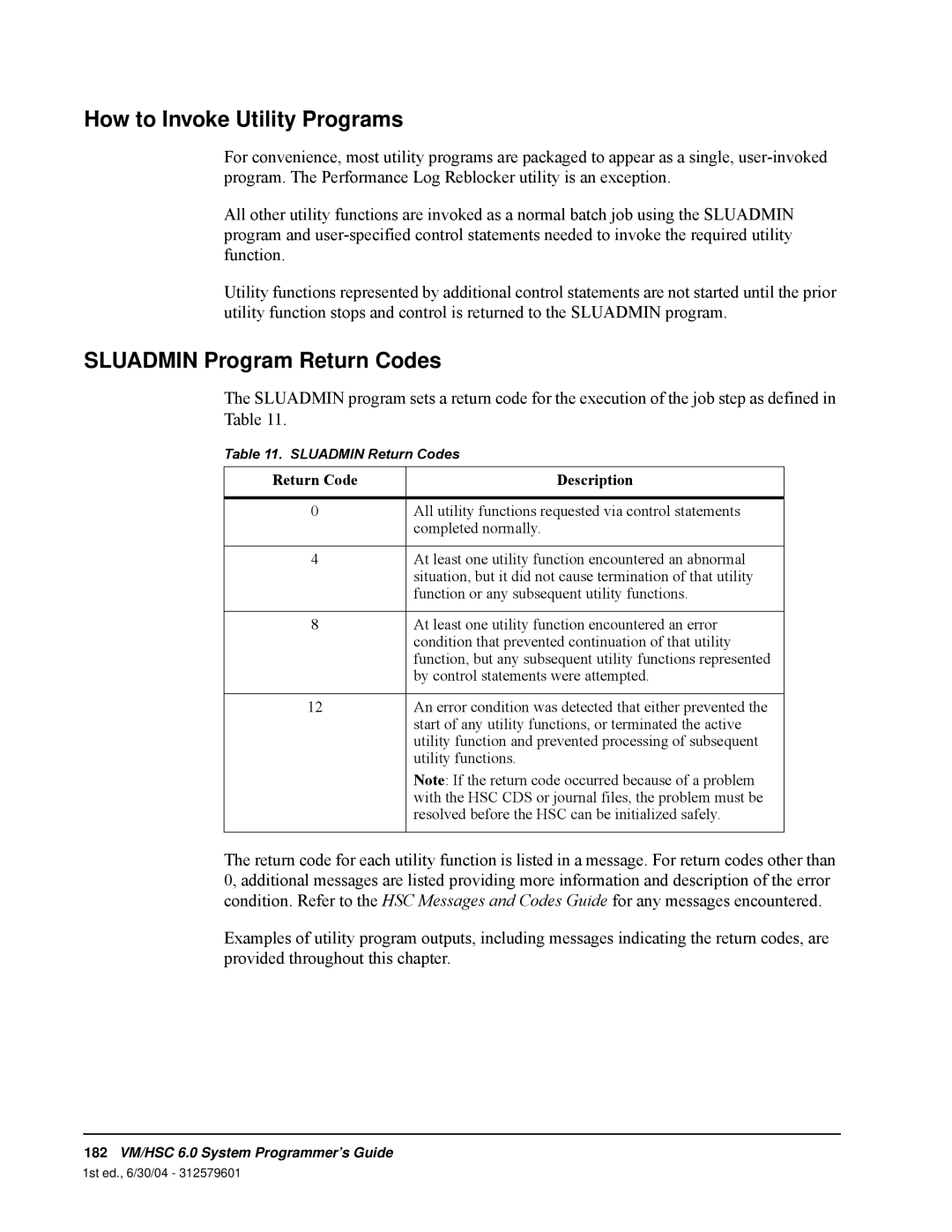 StorageTek 6 manual How to Invoke Utility Programs, SLUADMIN Program Return Codes, Description 