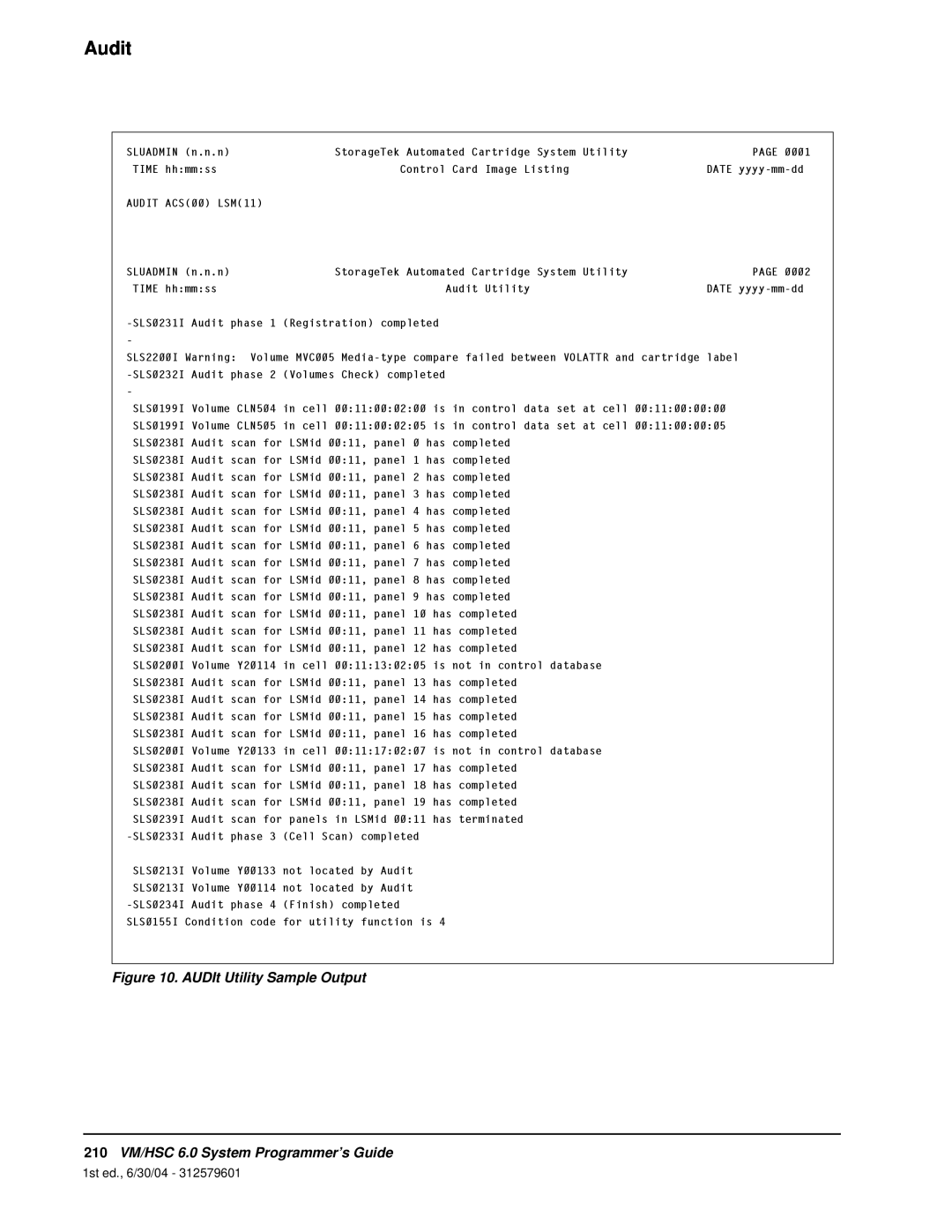 StorageTek manual Audit, AUDIt Utility Sample Output, 210VM/HSC 6.0 System Programmer’s Guide, 1st ed., 6/30/04 