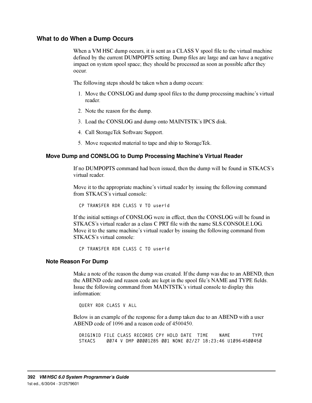 StorageTek 6 manual What to do When a Dump Occurs, Note Reason For Dump 