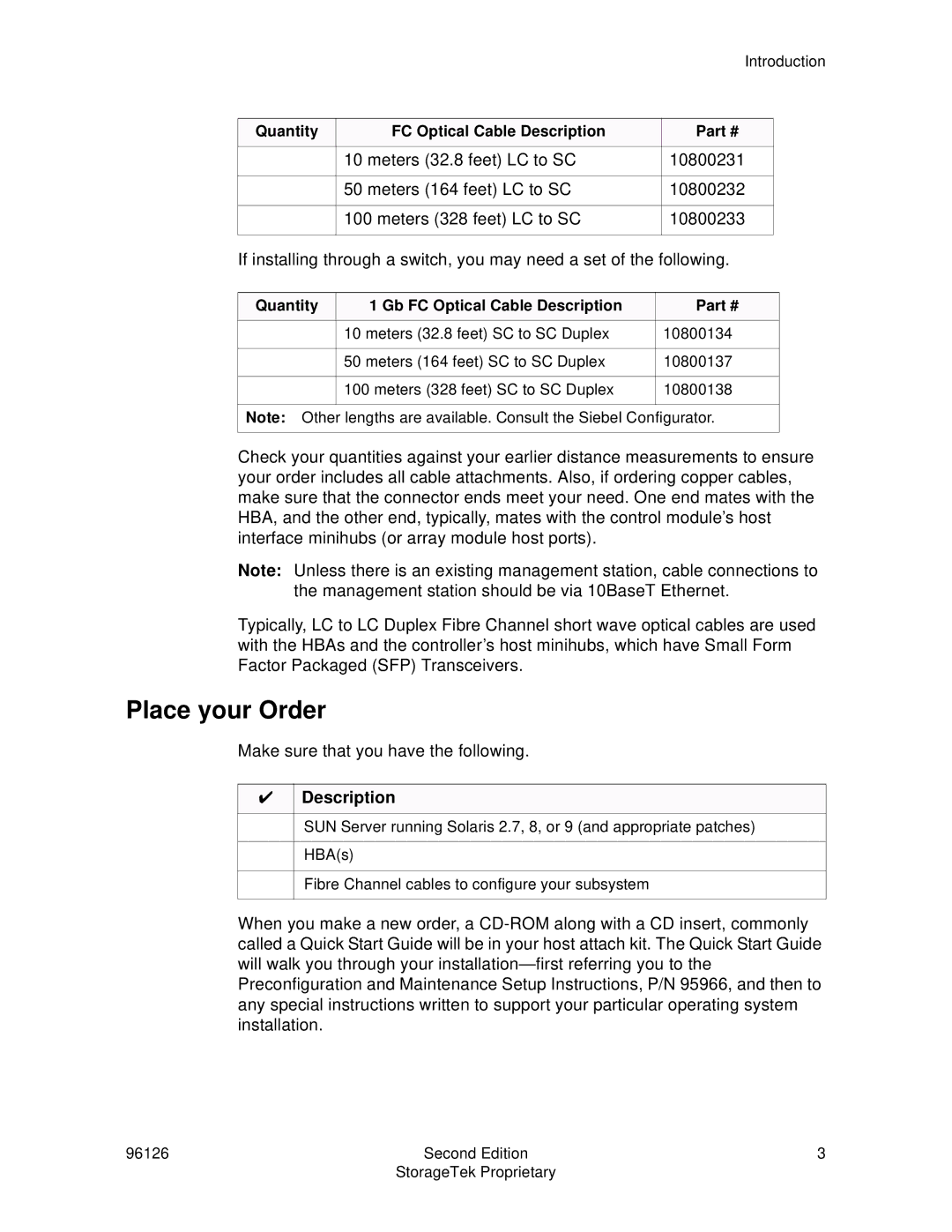 StorageTek 96126 installation instructions Place your Order 