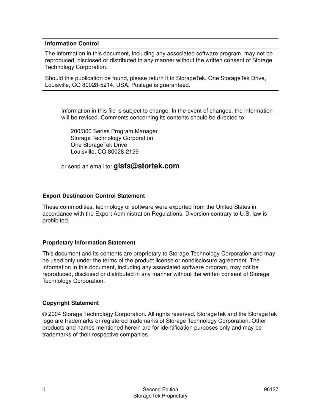 StorageTek 96127 installation instructions Information Control 