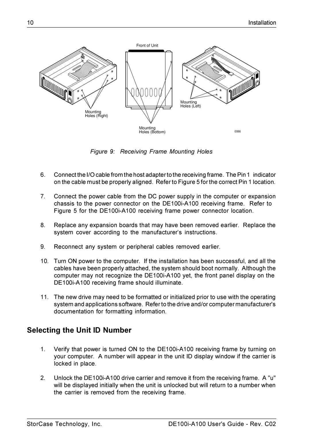 StorCase Technology DE100i-A100 manual Selecting the Unit ID Number, Receiving Frame Mounting Holes 