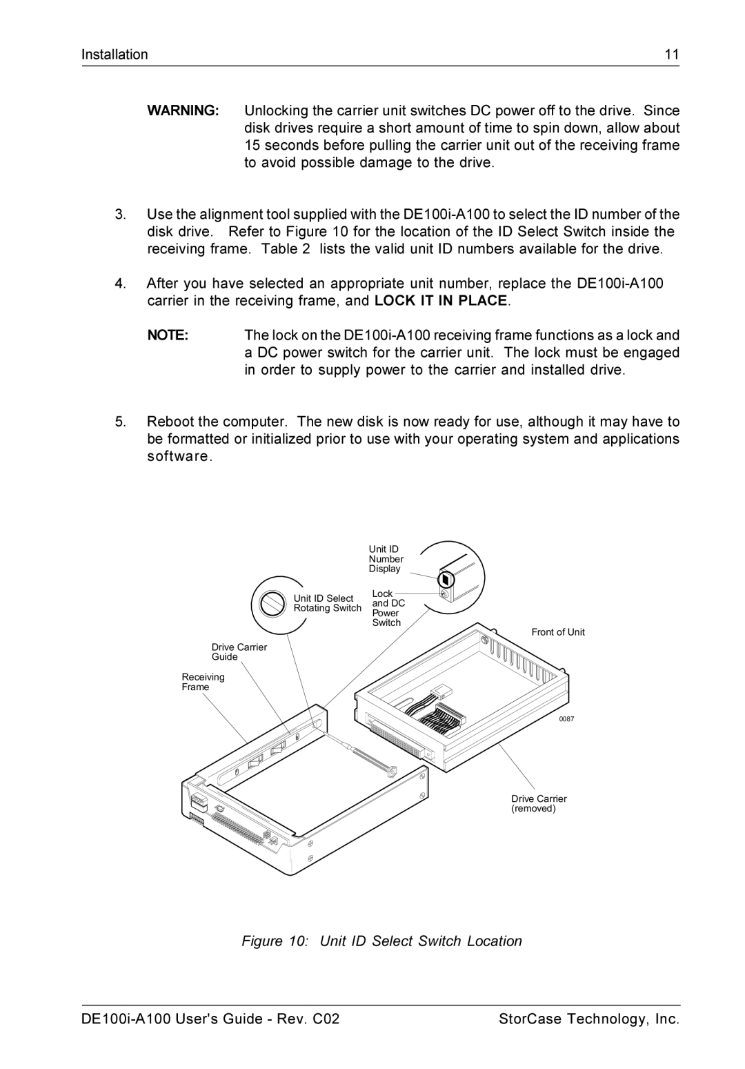 StorCase Technology DE100i-A100 manual Unit ID Select Switch Location 