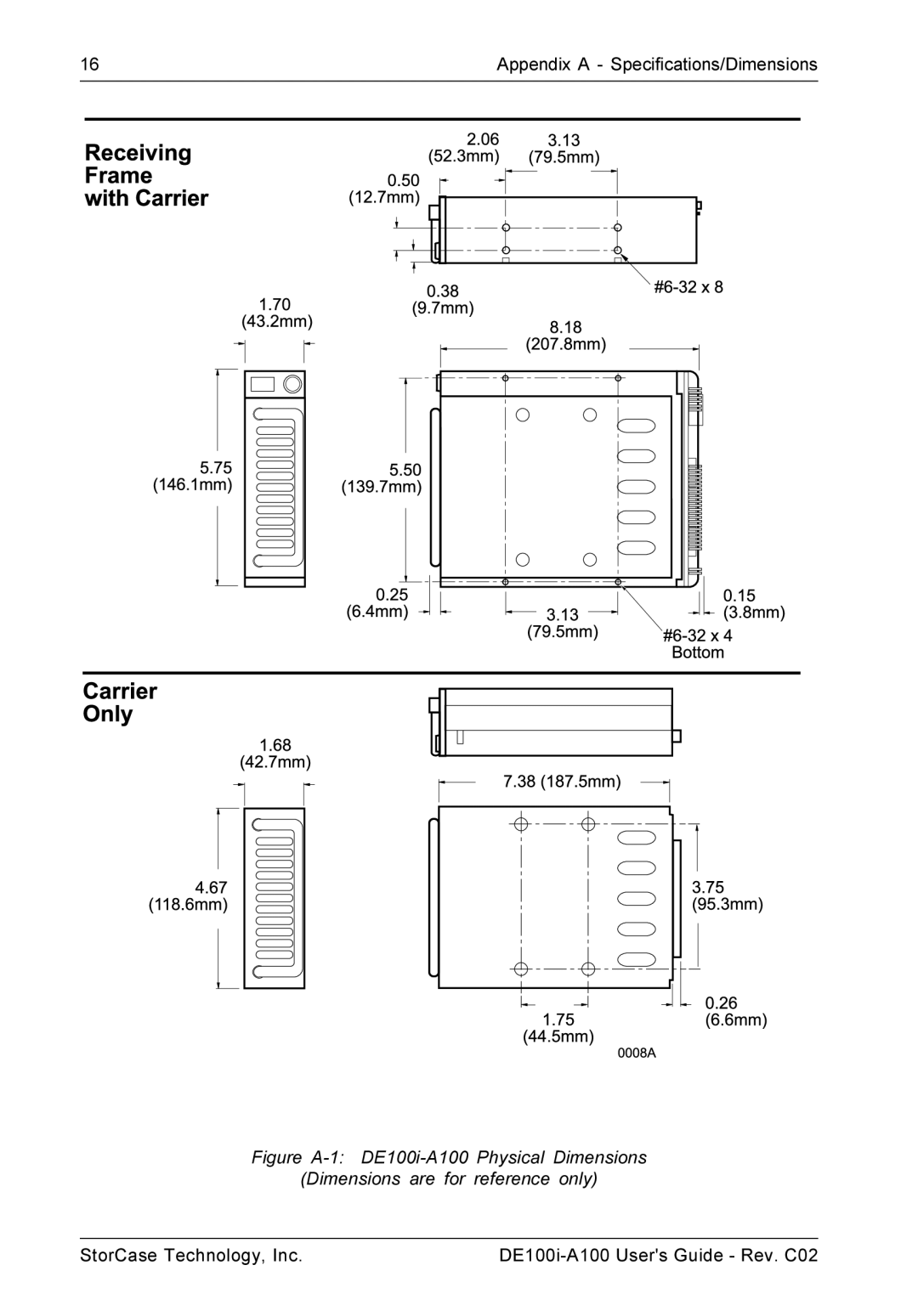 StorCase Technology DE100i-A100 manual Appendix a Specifications/Dimensions 