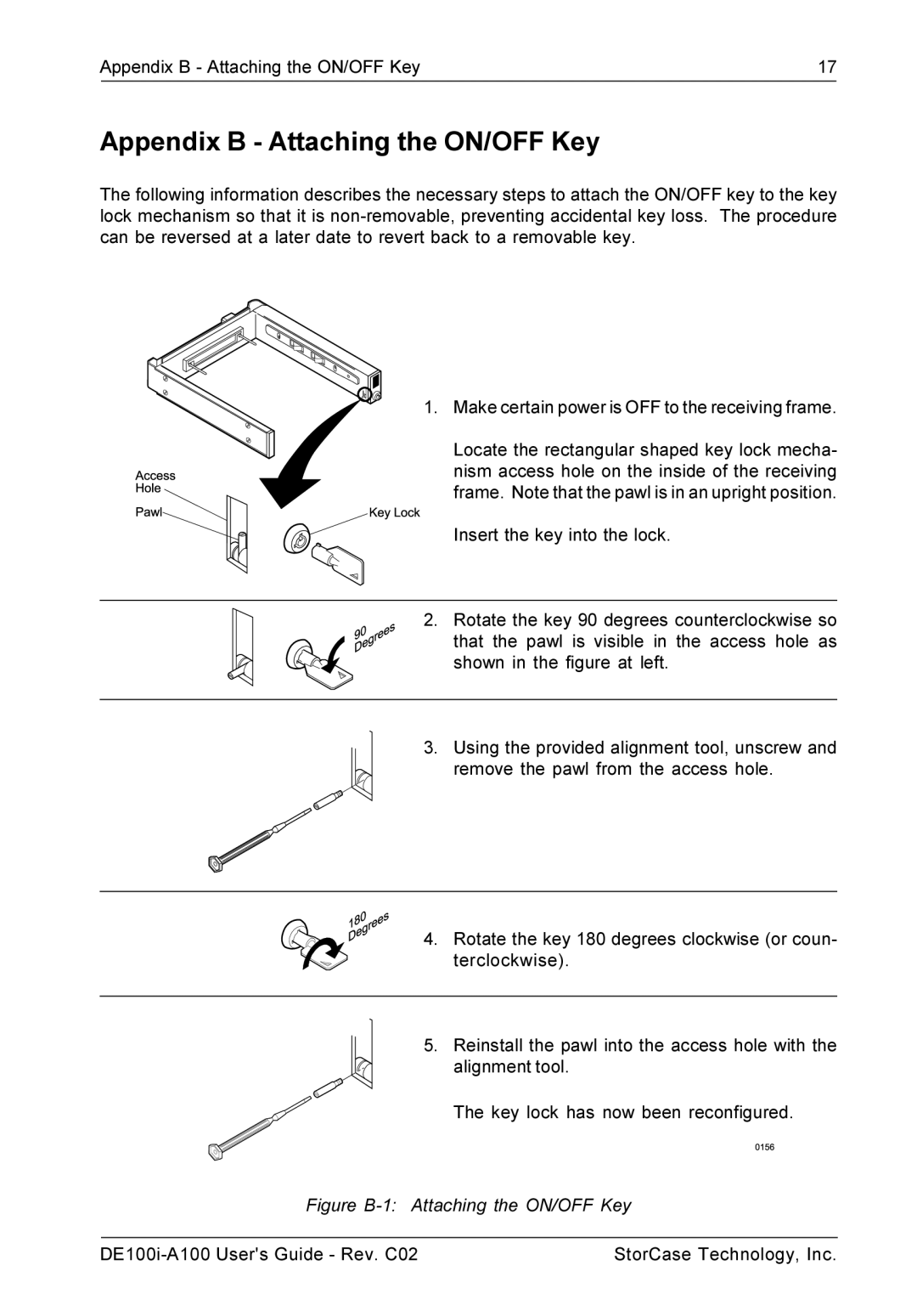 StorCase Technology DE100i-A100 manual Appendix B Attaching the ON/OFF Key, Figure B-1 Attaching the ON/OFF Key 