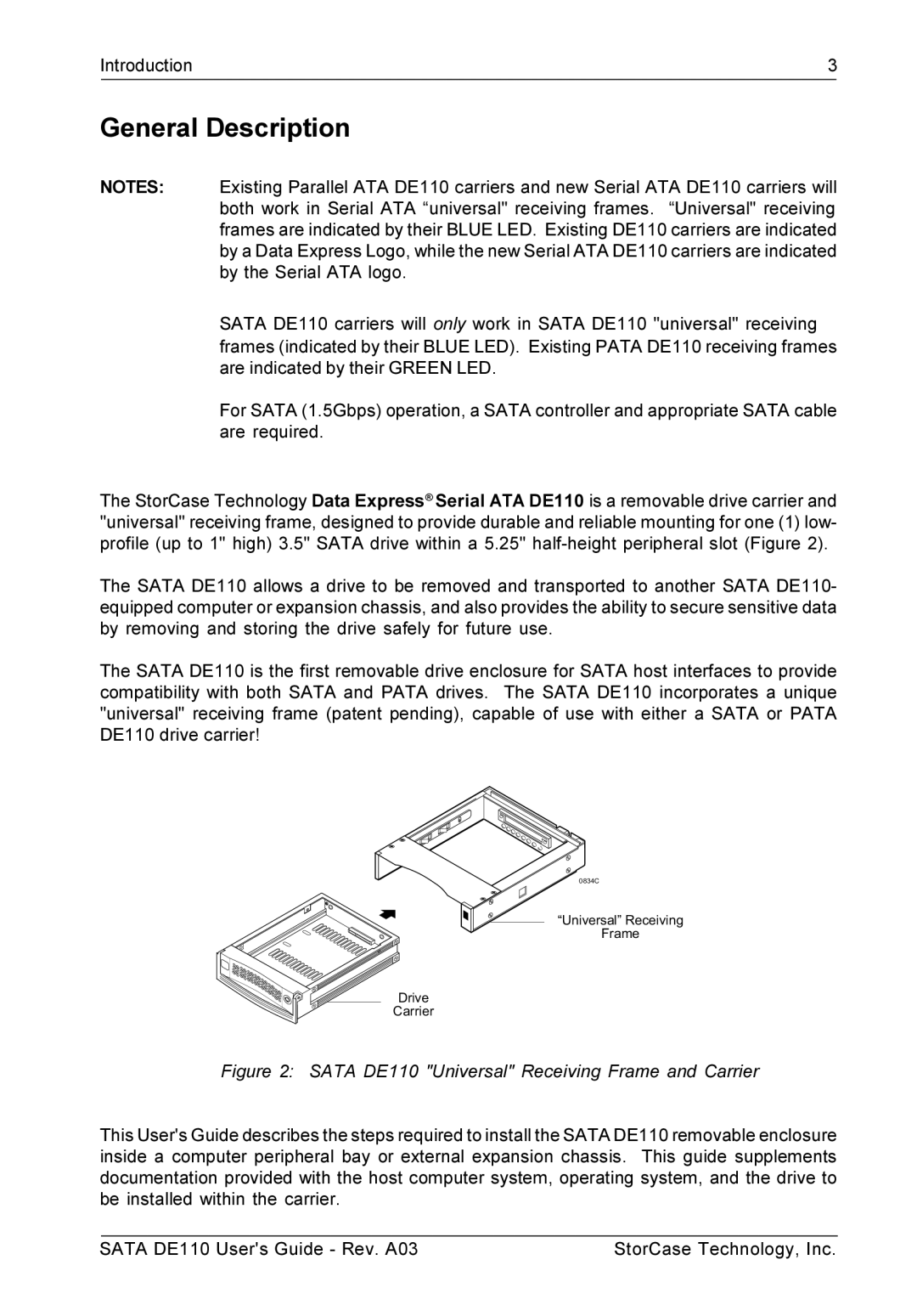 StorCase Technology manual General Description, Sata DE110 Universal Receiving Frame and Carrier 