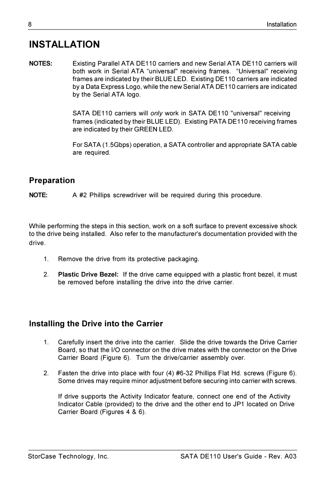 StorCase Technology DE110 manual Preparation, Installing the Drive into the Carrier 