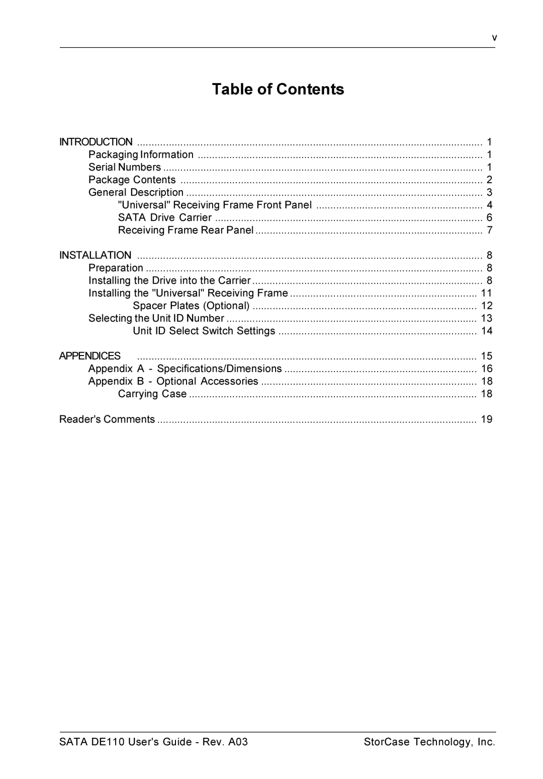 StorCase Technology DE110 manual Table of Contents 