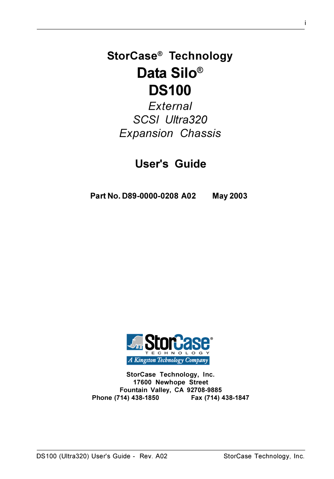 StorCase Technology manual Data Silo DS100, Part No. D89-0000-0208 A02 May 