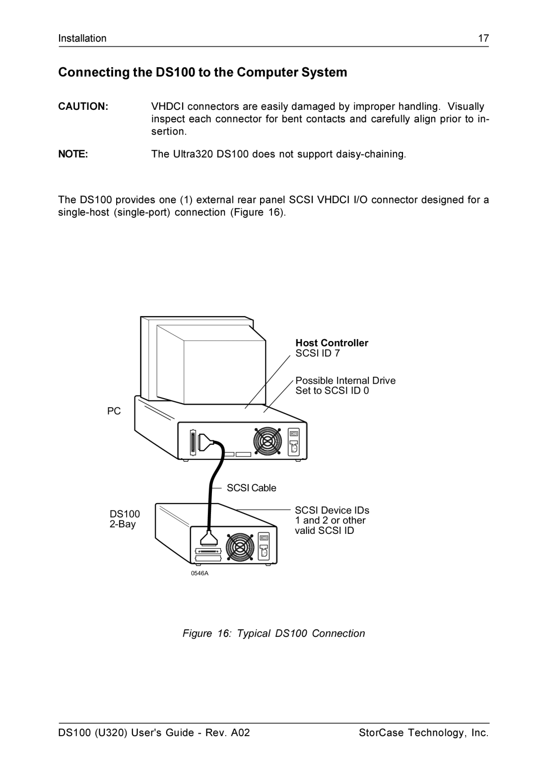 StorCase Technology manual Connecting the DS100 to the Computer System, Host Controller 