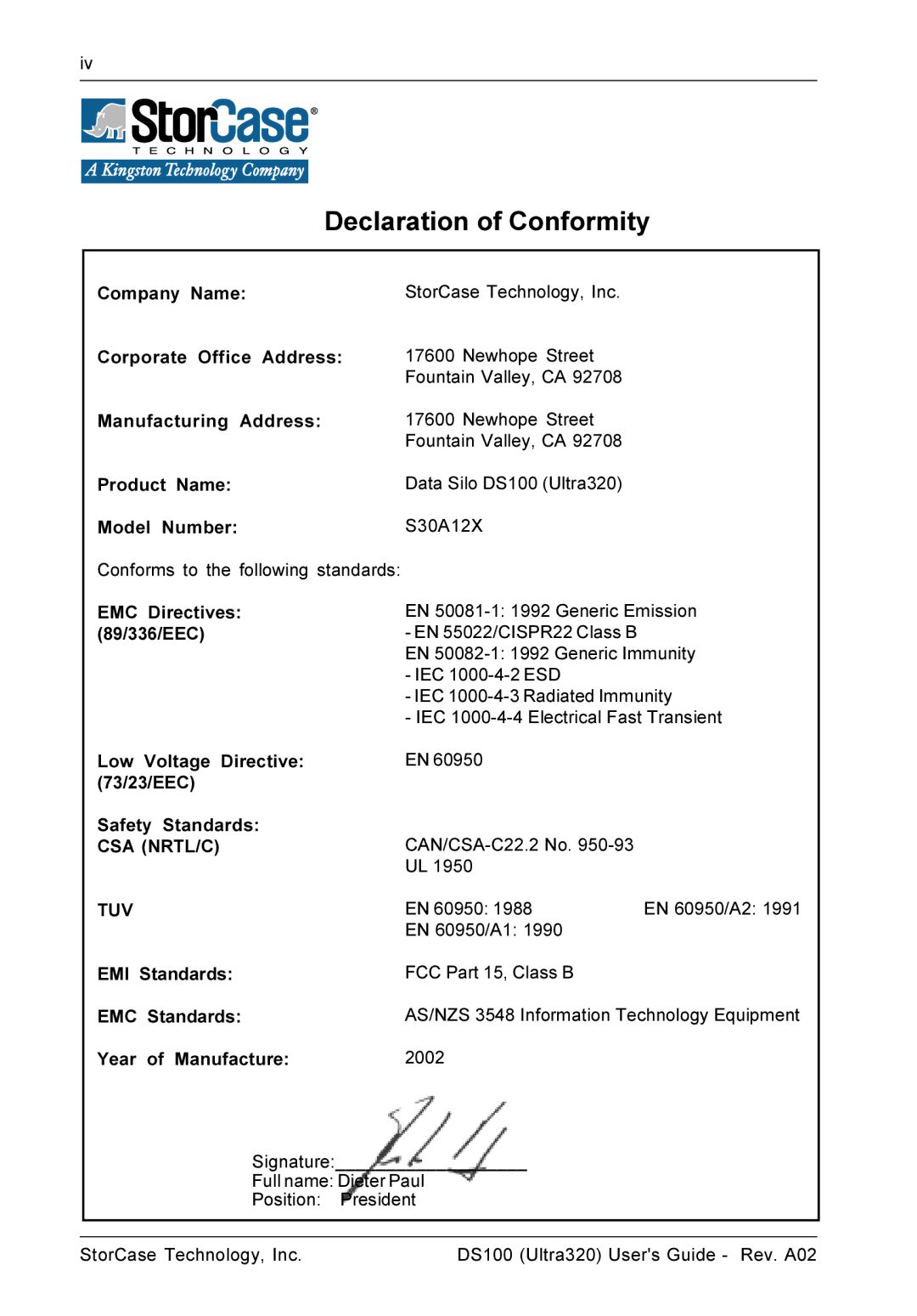 StorCase Technology DS100 manual Declaration of Conformity, Csa Nrtl/C Tuv 