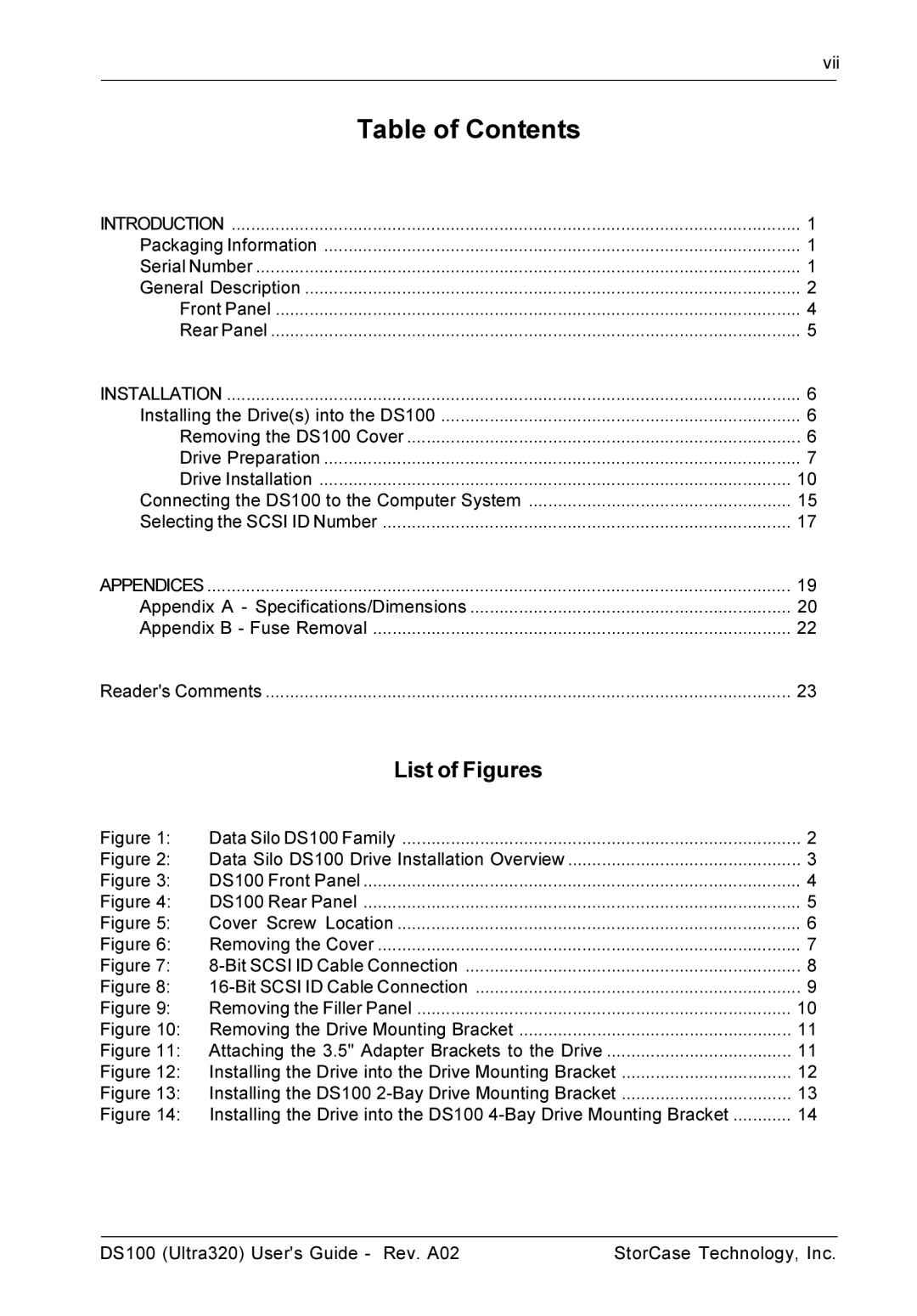 StorCase Technology DS100 manual Table of Contents 