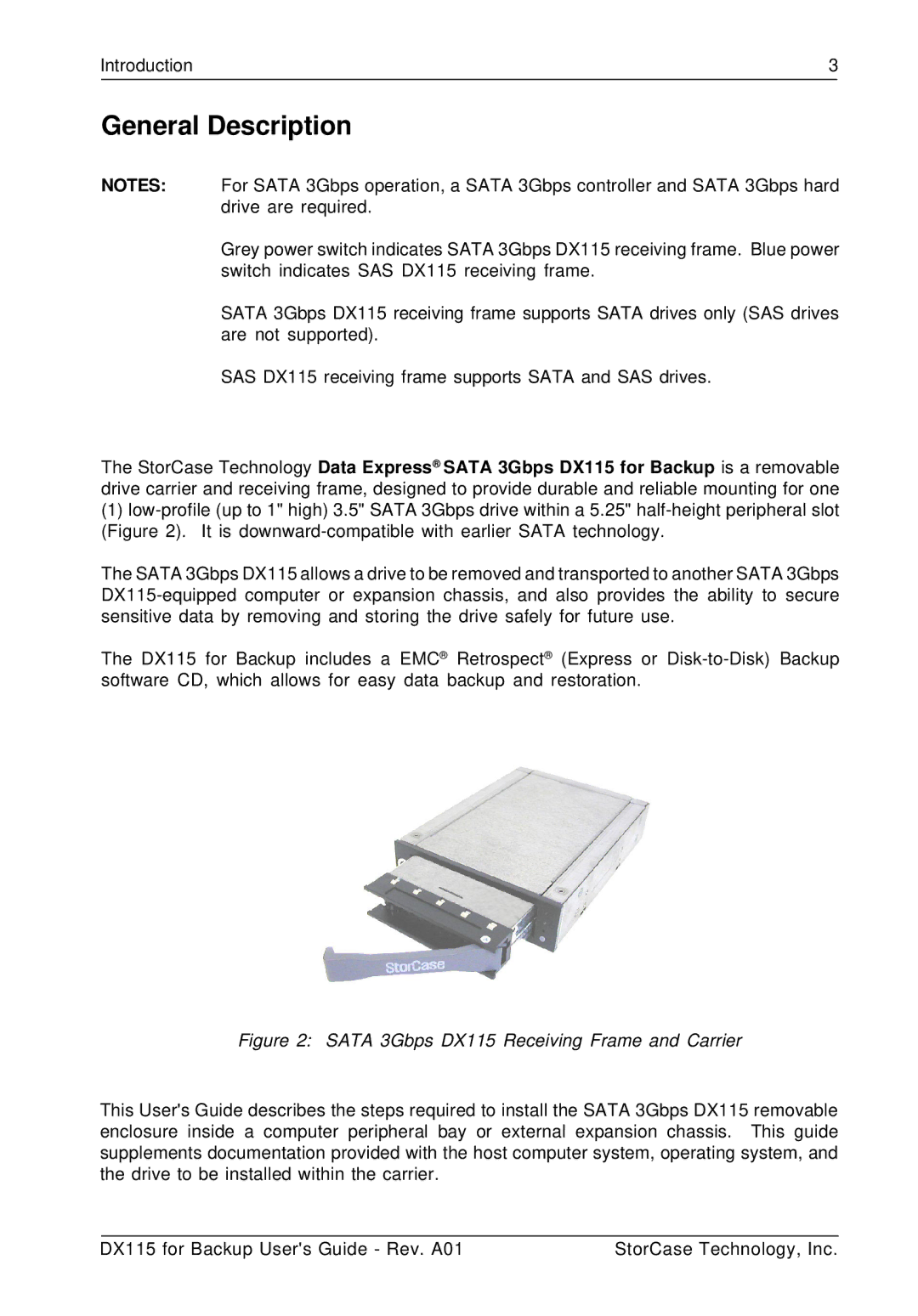 StorCase Technology manual General Description, Sata 3Gbps DX115 Receiving Frame and Carrier 