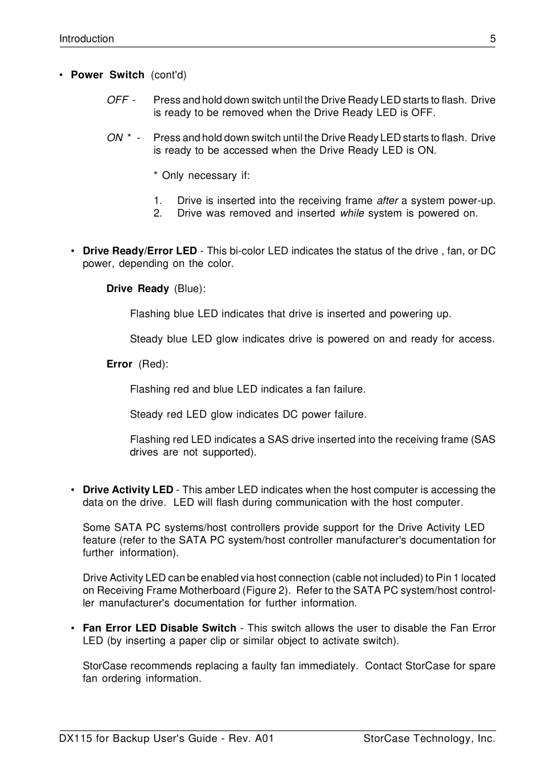 StorCase Technology DX115 manual Power Switch contd, Drive Ready Blue, Error Red 