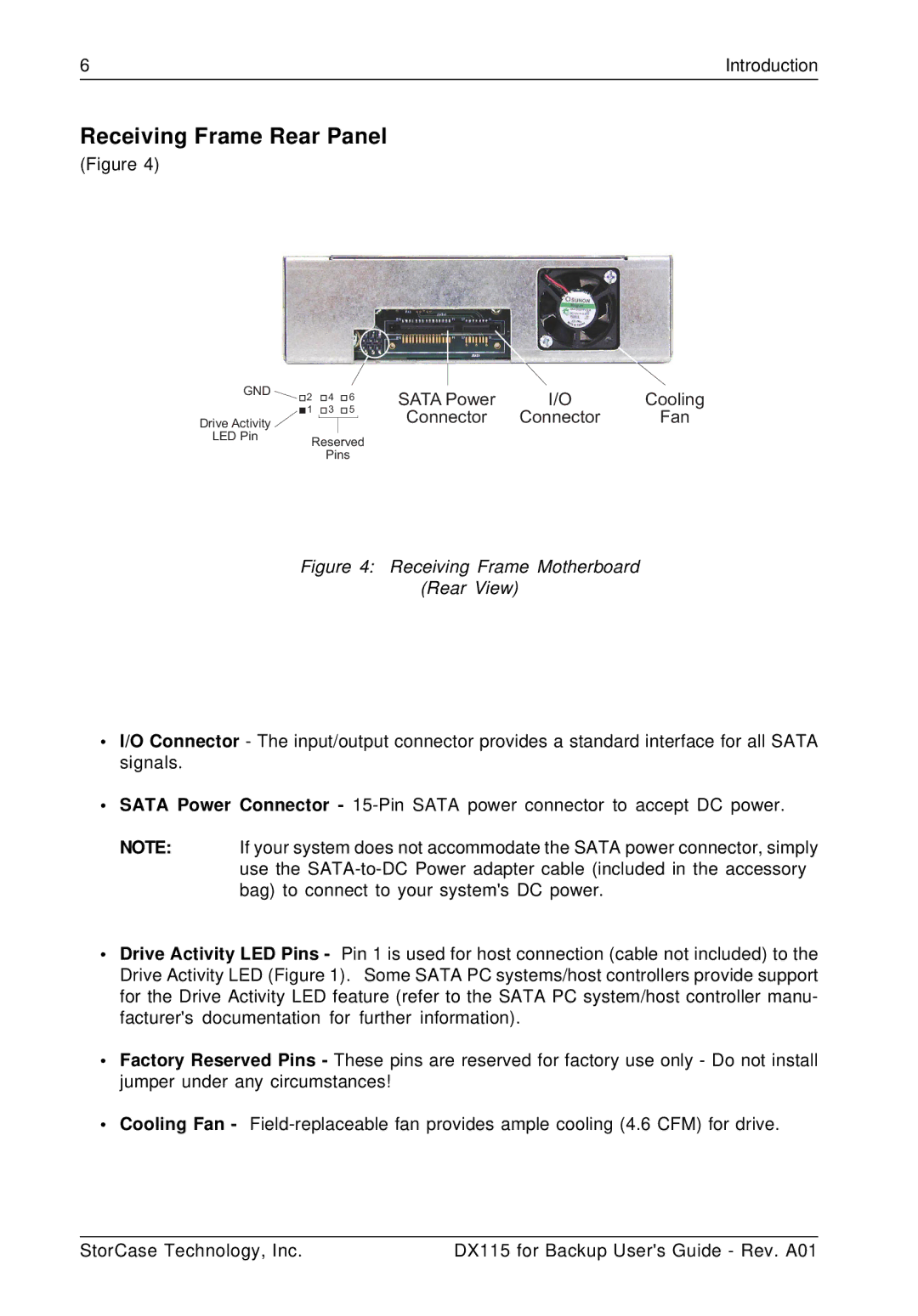 StorCase Technology DX115 manual Receiving Frame Rear Panel, Fan 