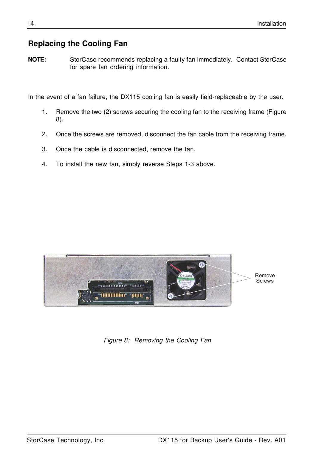 StorCase Technology DX115 manual Replacing the Cooling Fan, Removing the Cooling Fan 