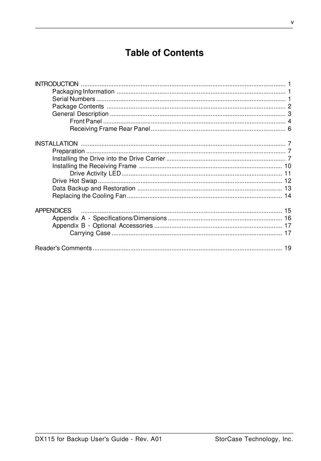 StorCase Technology DX115 manual Table of Contents 