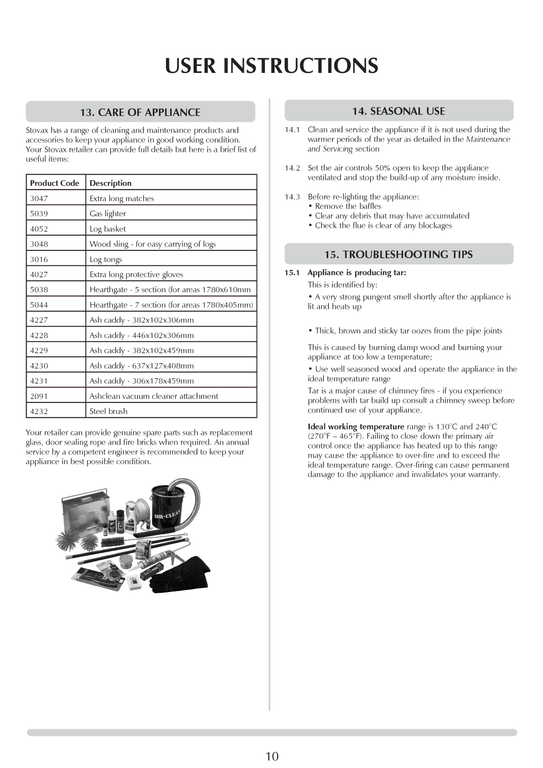 Stovax 1001, 1002, 1000 manual Care of appliance, Seasonal use, Troubleshooting tips, Product Code Description 