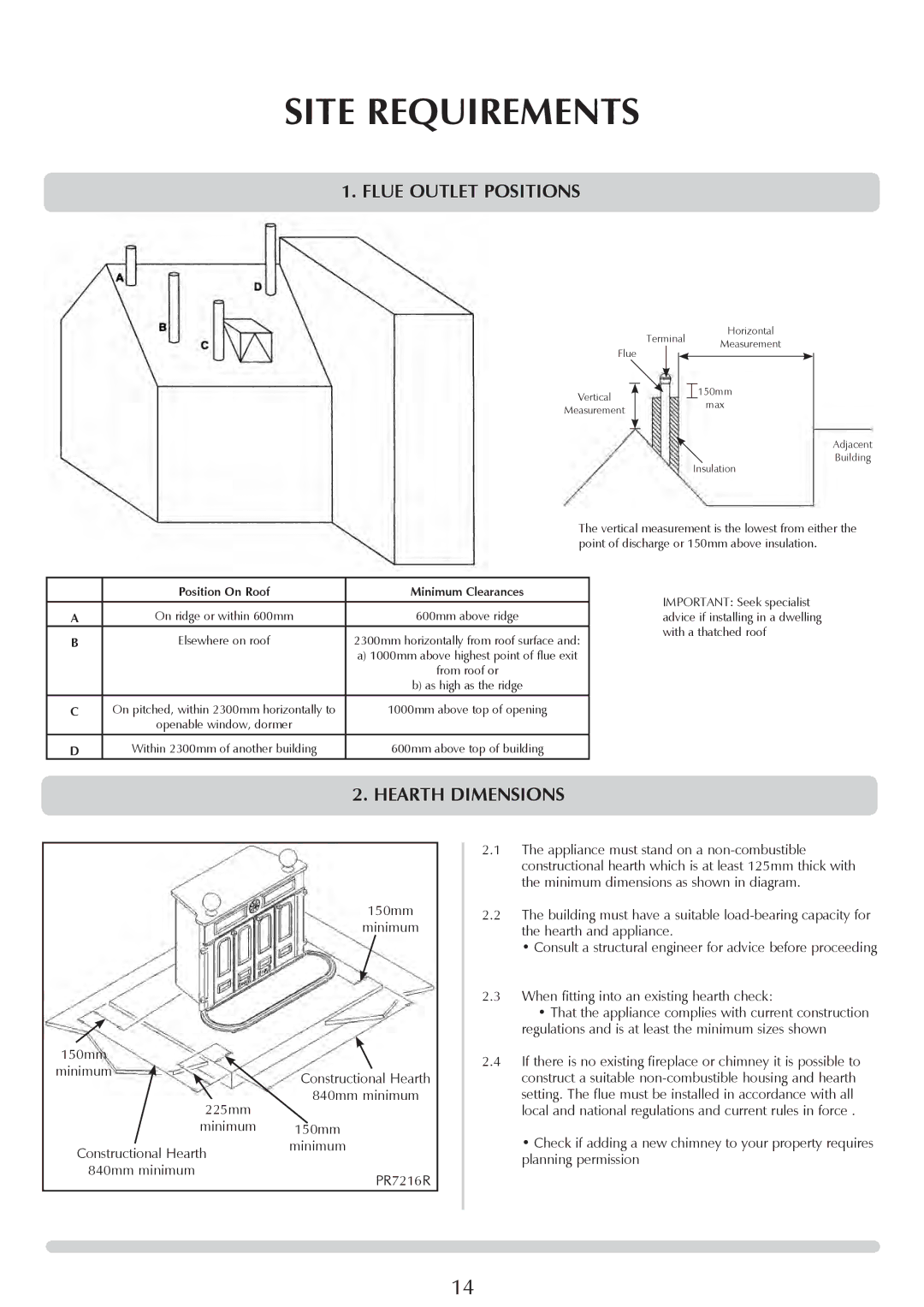 Stovax 1000, 1002, 1001 manual Flue Outlet Positions, Hearth Dimensions 