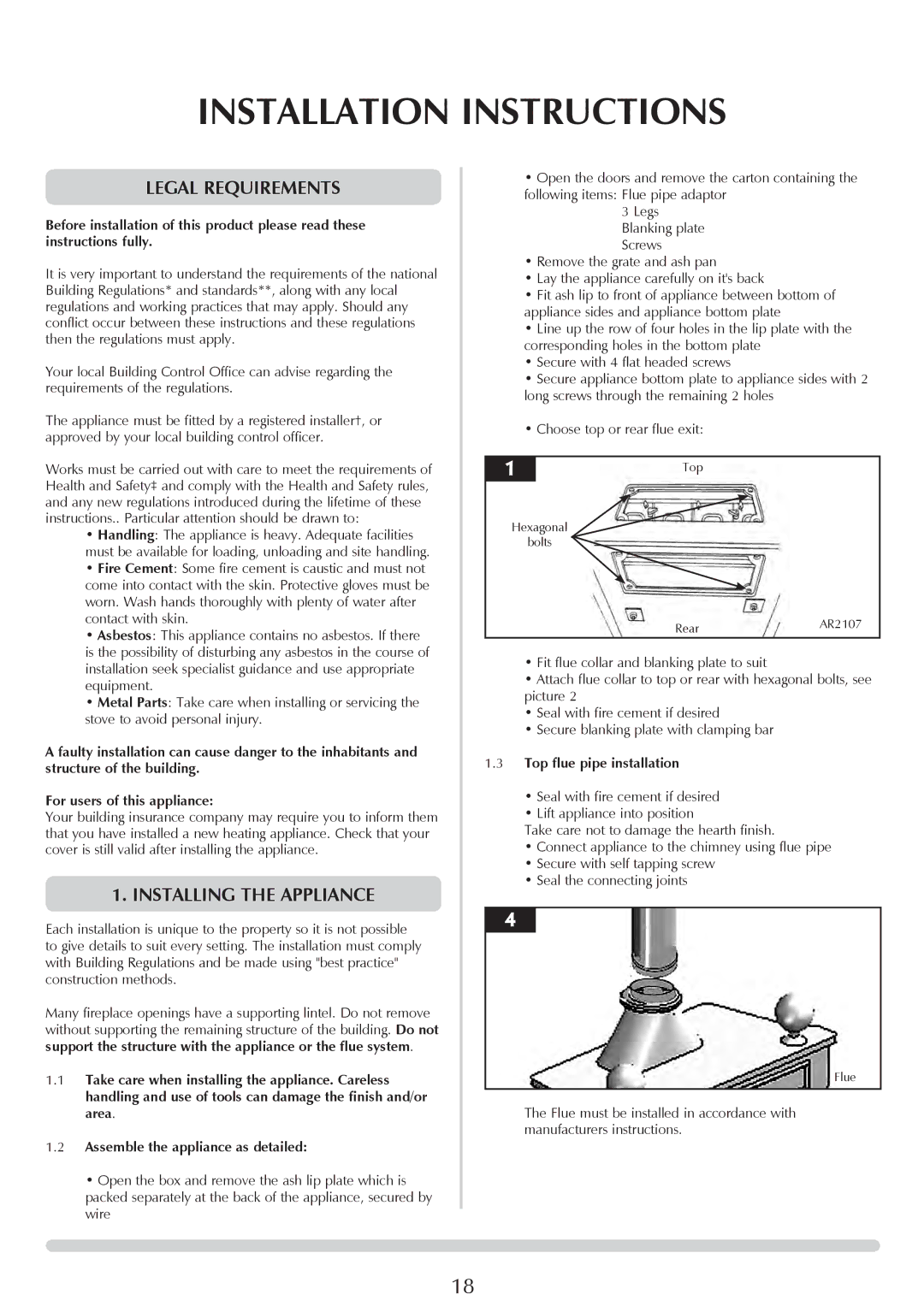 Stovax 1002, 1001, 1000 Installation Instructions, Legal requirements, Installing the Appliance, Top flue pipe installation 