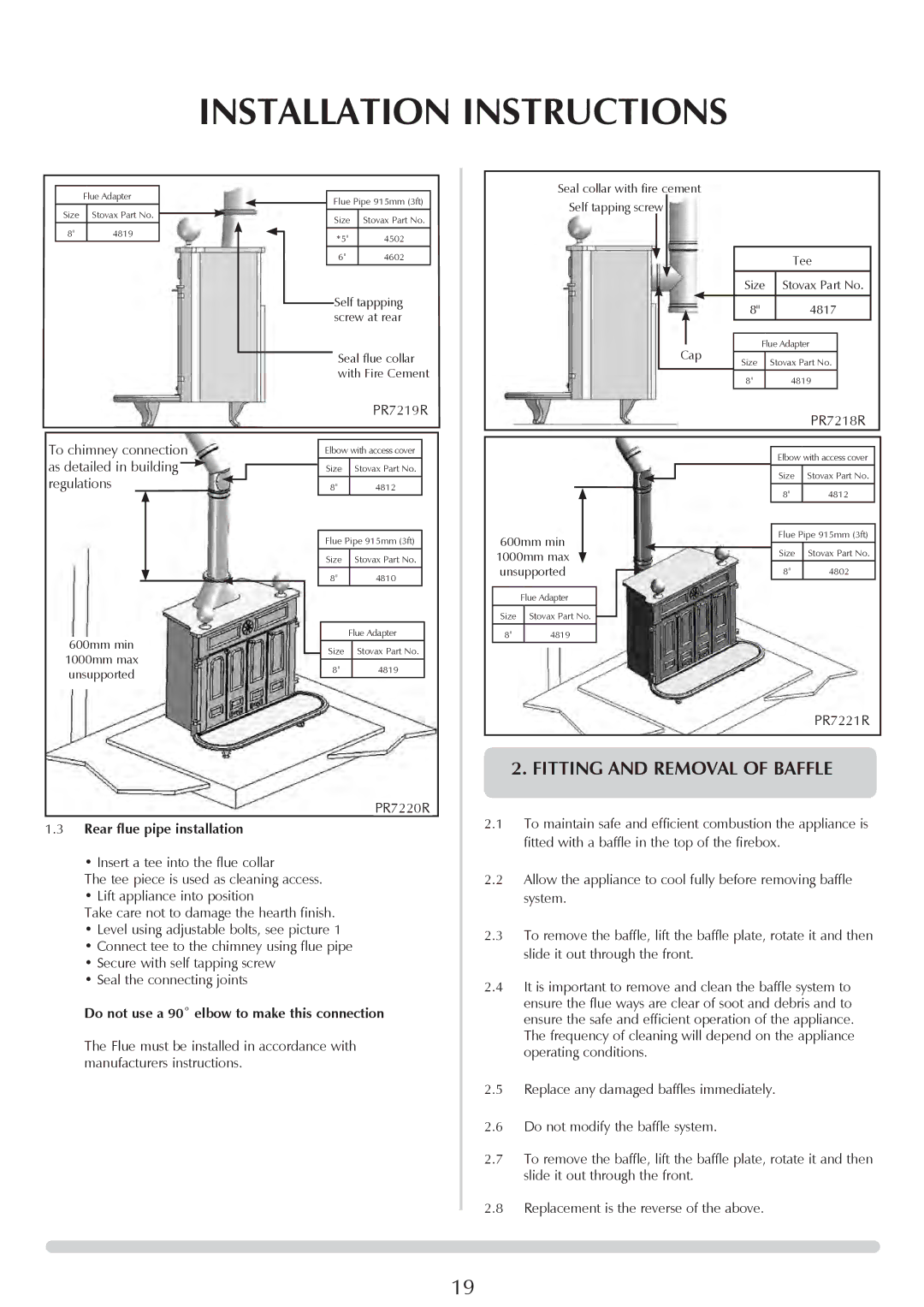 Stovax 1001 Fitting and Removal of Baffle, Rear flue pipe installation, Do not use a 90˚ elbow to make this connection 