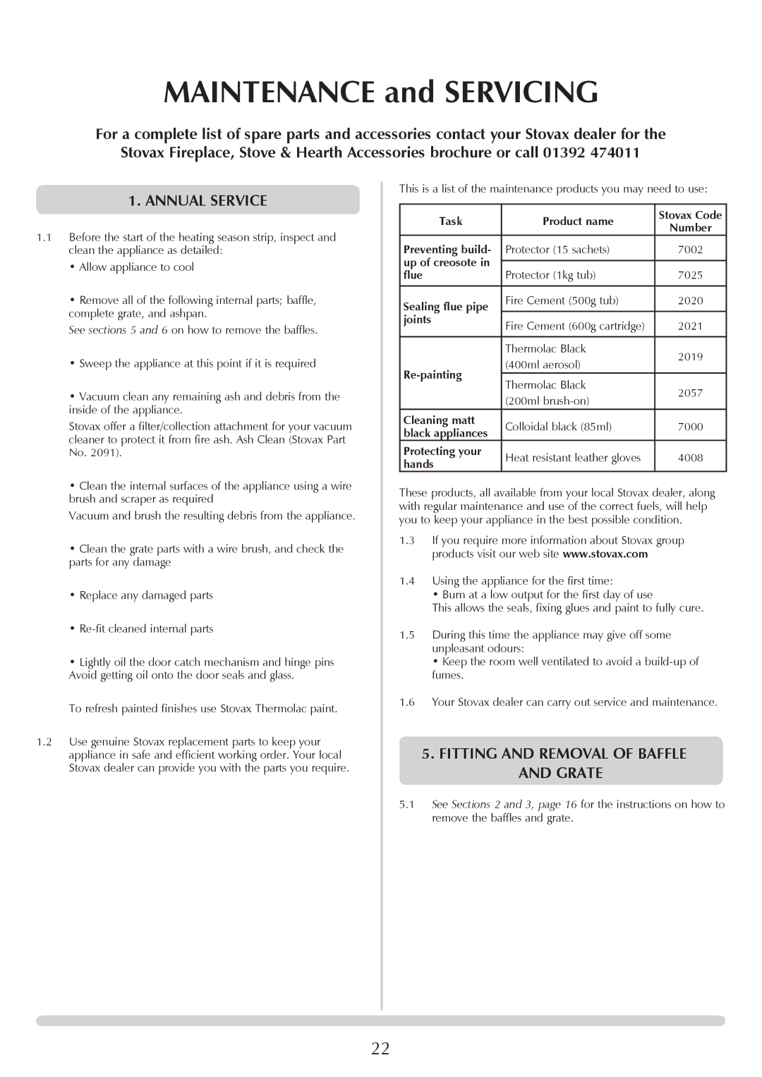 Stovax 1001, 1002, 1000 manual Annual Service, Fitting and Removal of Baffle Grate 