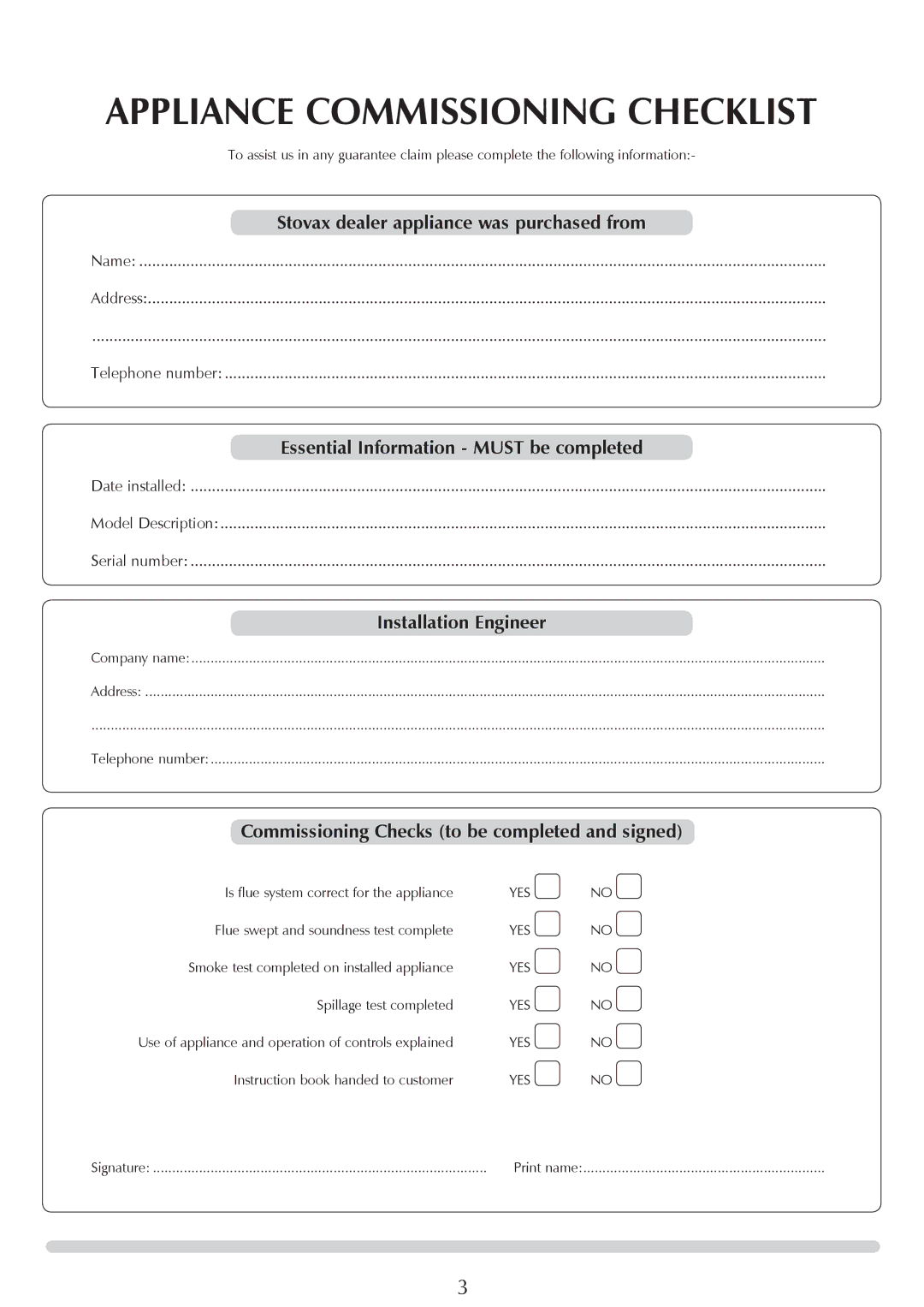 Stovax 1002, 1001 Appliance Commissioning Checklist, Stovax dealer appliance was purchased from, Installation Engineer 