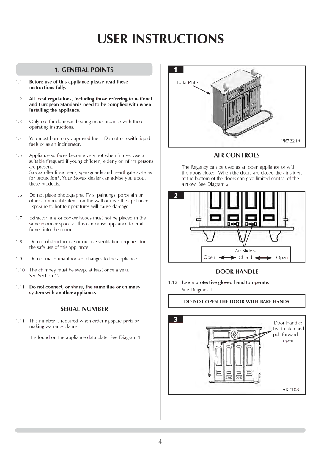 Stovax 1001, 1002, 1000 manual User Instructions, General Points, Serial Number, AIR Controls 