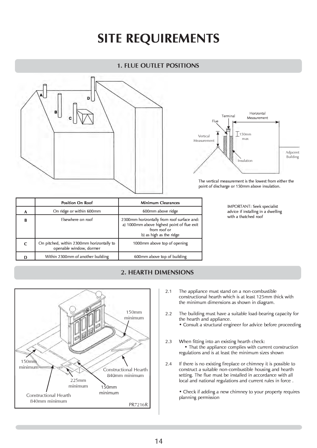 Stovax 1000, 1002, 1001 manual Flue Outlet Positions, Hearth Dimensions, Site Requirements 