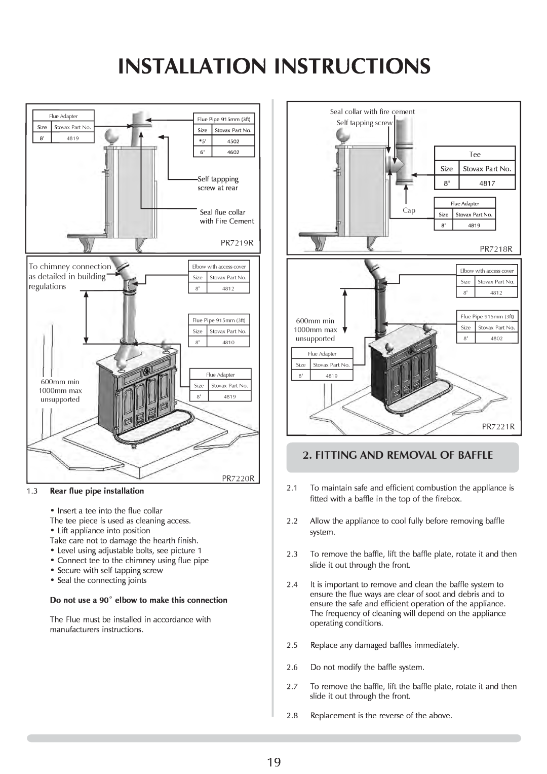 Stovax 1001 Fitting And Removal Of Baffle, Rear flue pipe installation, Do not use a 90˚ elbow to make this connection 