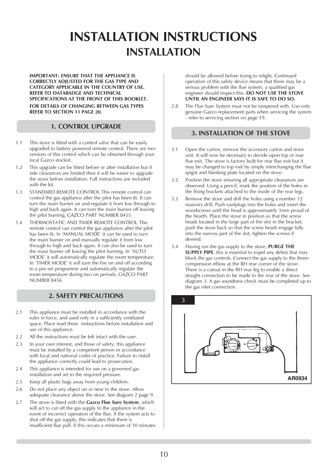 Stovax 5 manual Control Upgrade, Safety Precautions, Installation of the Stove, AR0934 