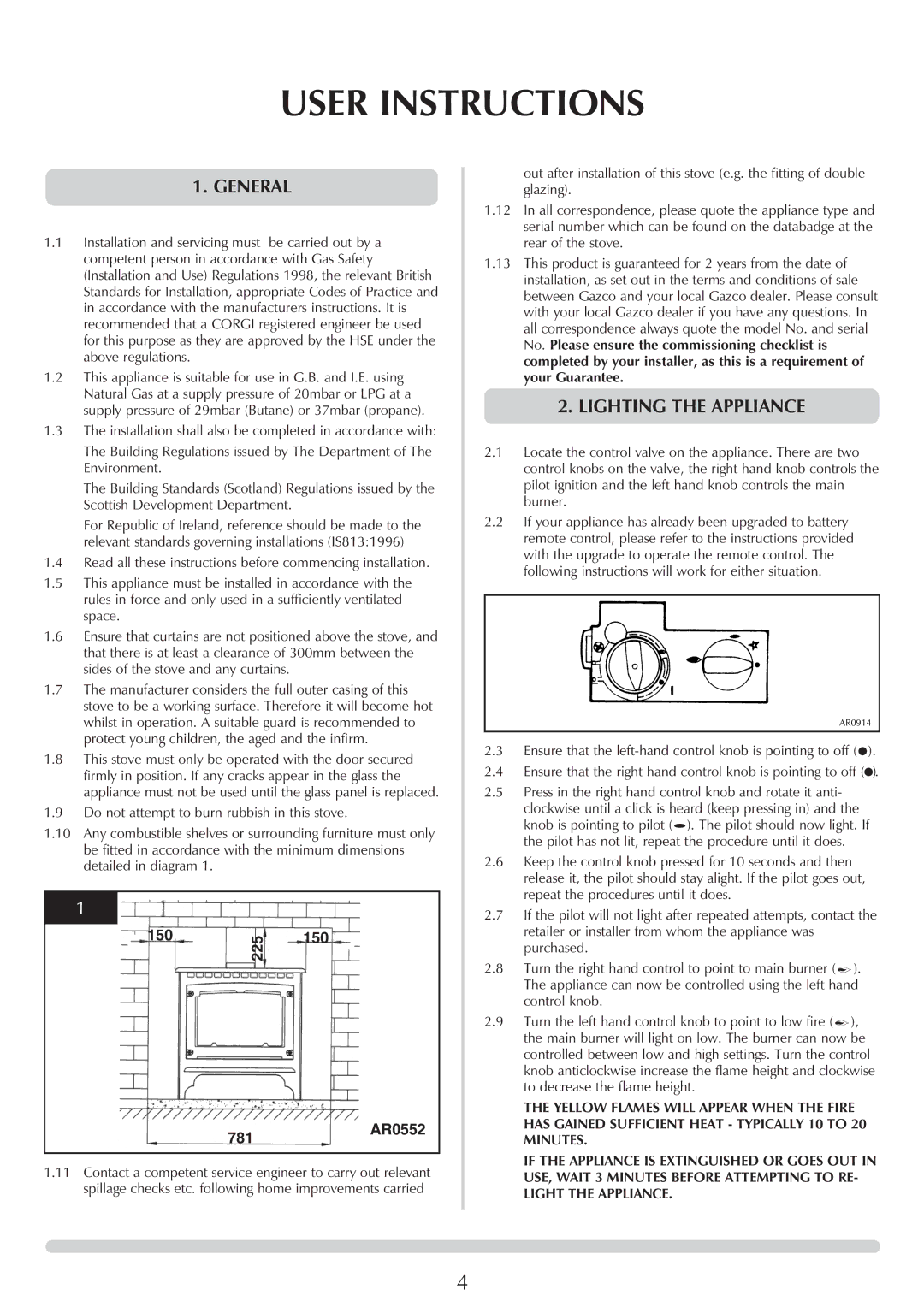 Stovax manual User Instructions, General, Lighting the Appliance, 150 225, 781 AR0552 