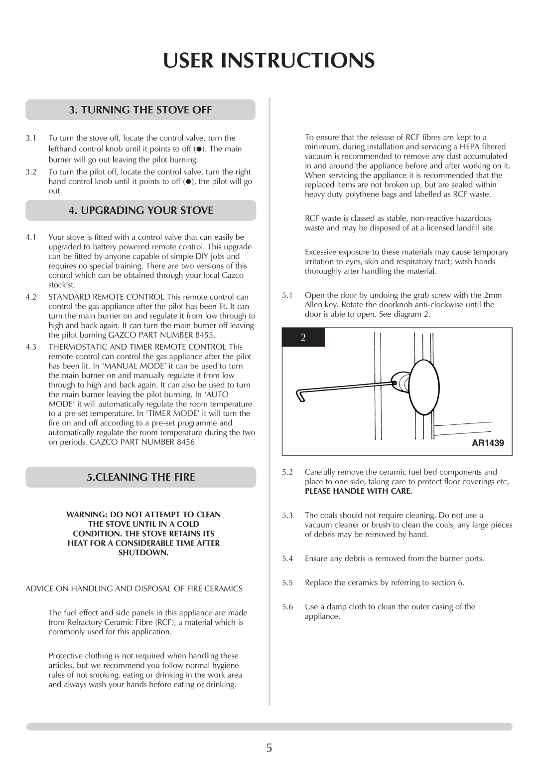 Stovax 5 manual Turning the Stove OFF, Upgrading Your Stove, Cleaning the Fire, AR1439, Please Handle with Care 