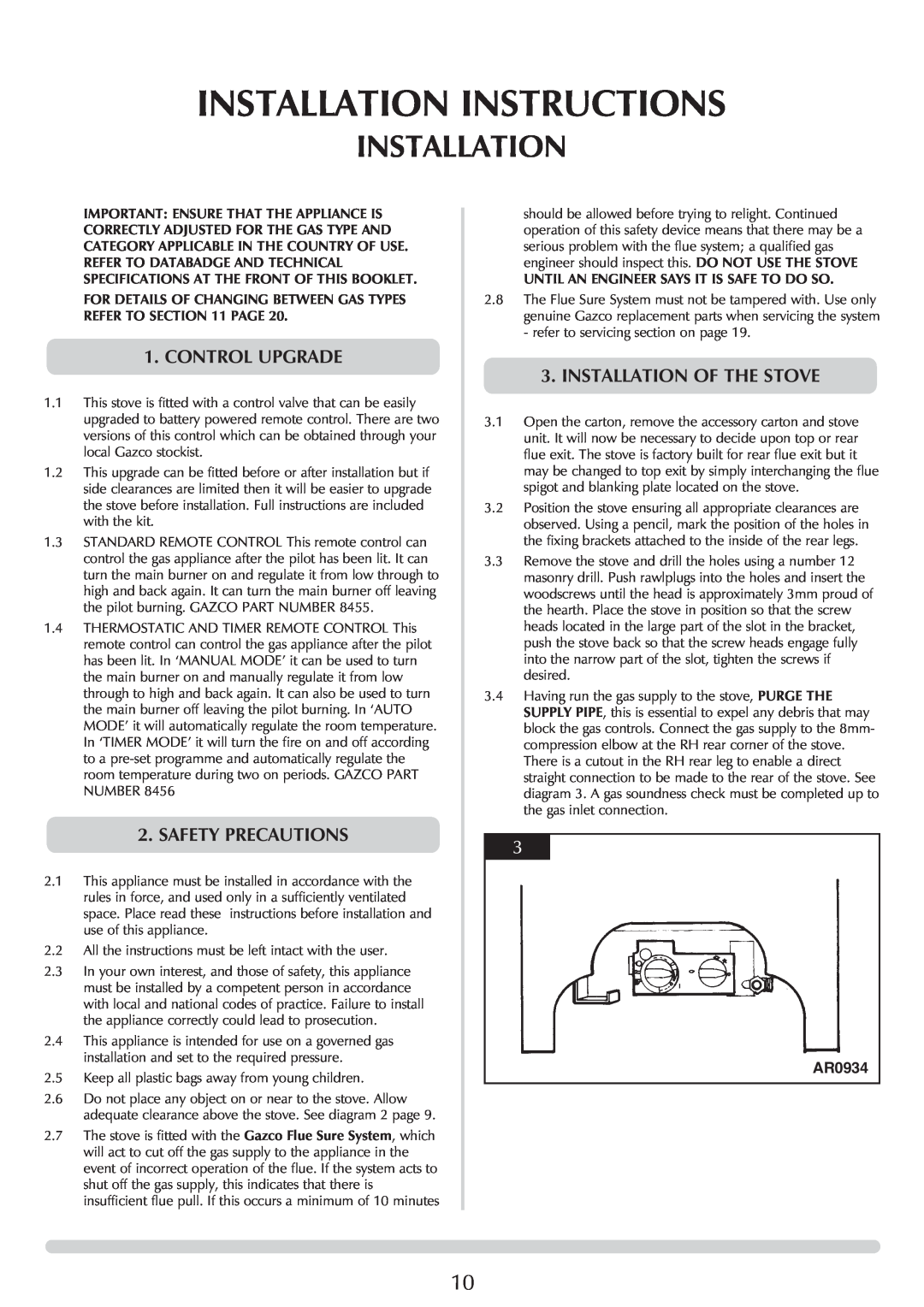 Stovax 5 manual Installation Instructions, Control Upgrade, Safety Precautions, Installation Of The Stove, AR0934 