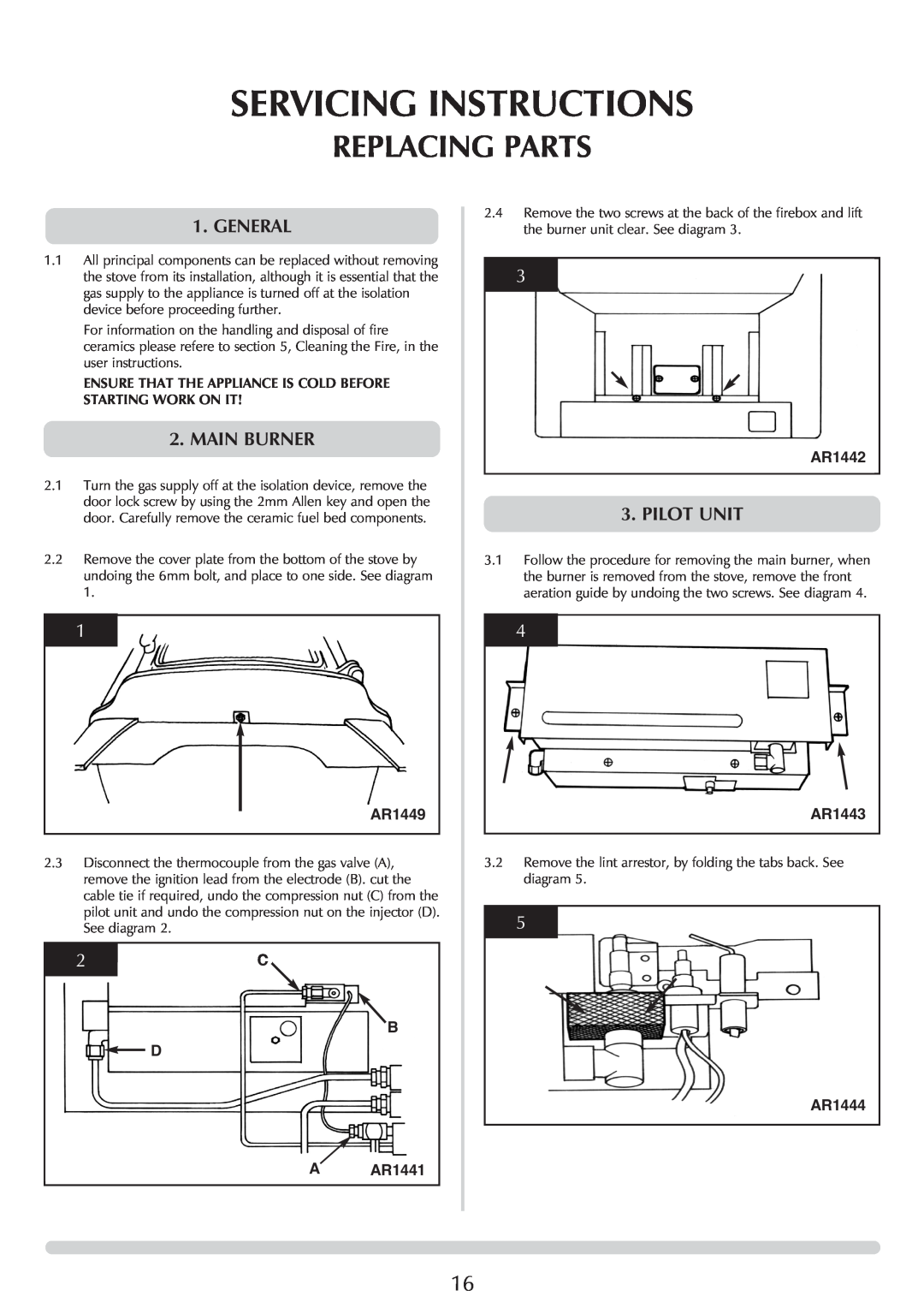 Stovax 5 manual Replacing Parts, Servicing Instructions, AR1449, B D A AR1441, AR1442, AR1443, AR1444 