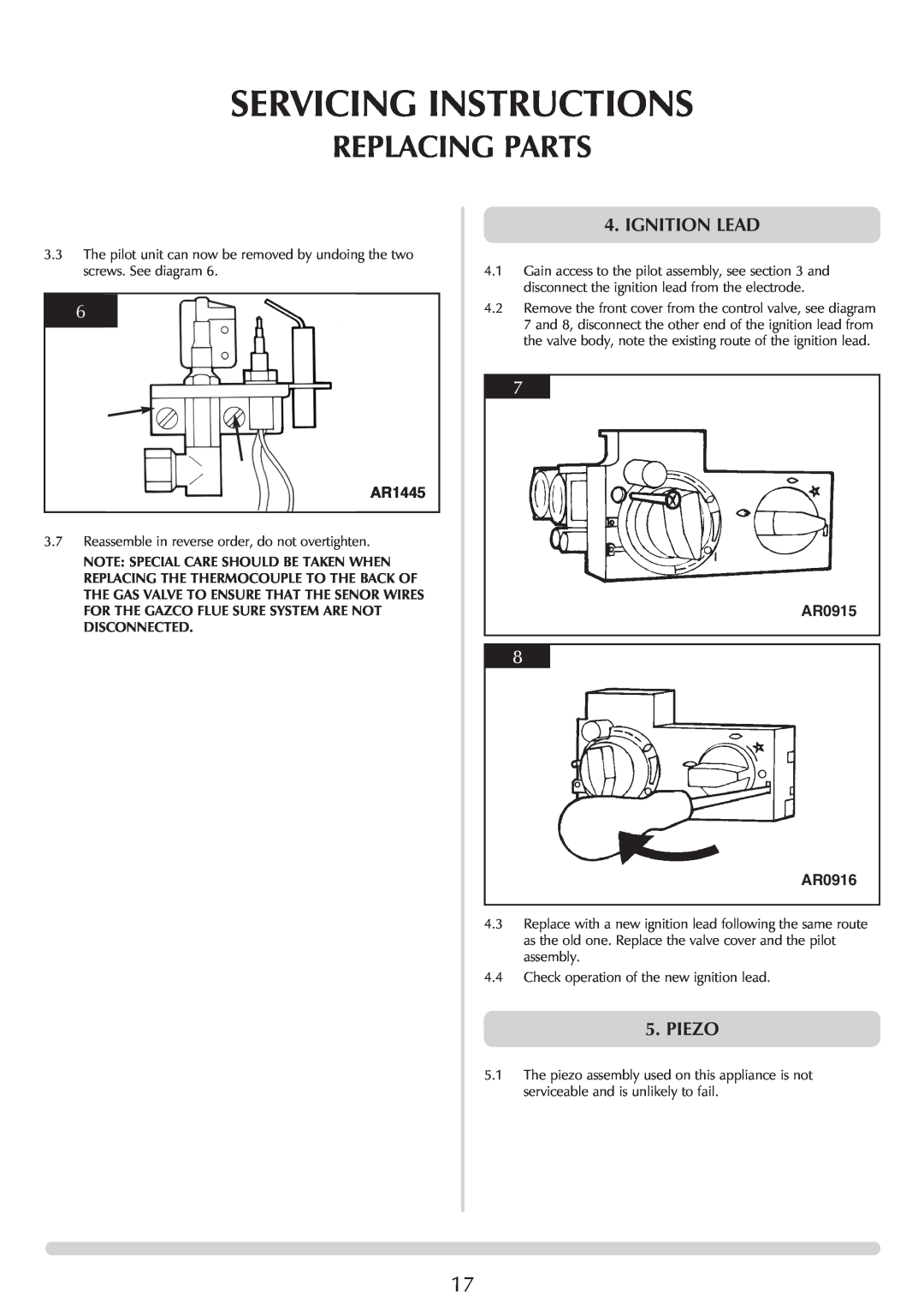 Stovax manual Servicing Instructions, Replacing Parts, AR1445, AR0915, AR0916 