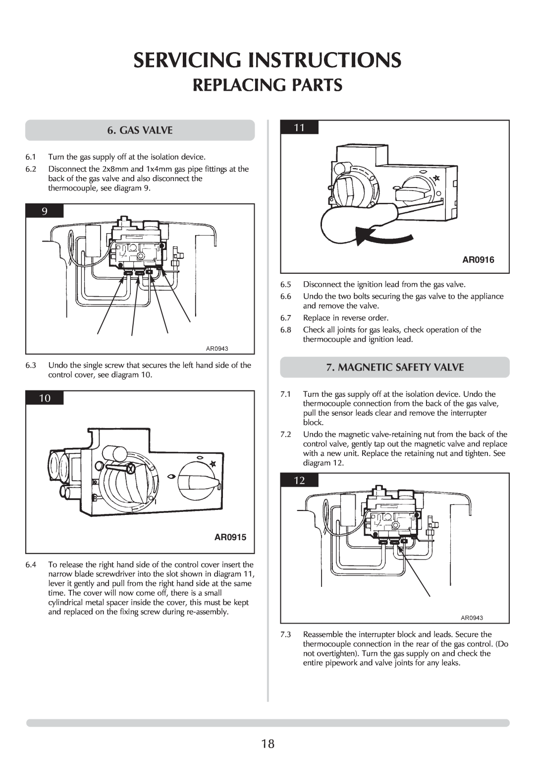Stovax manual Servicing Instructions, Replacing Parts, Gas Valve, Magnetic Safety Valve, AR0915, AR0916 