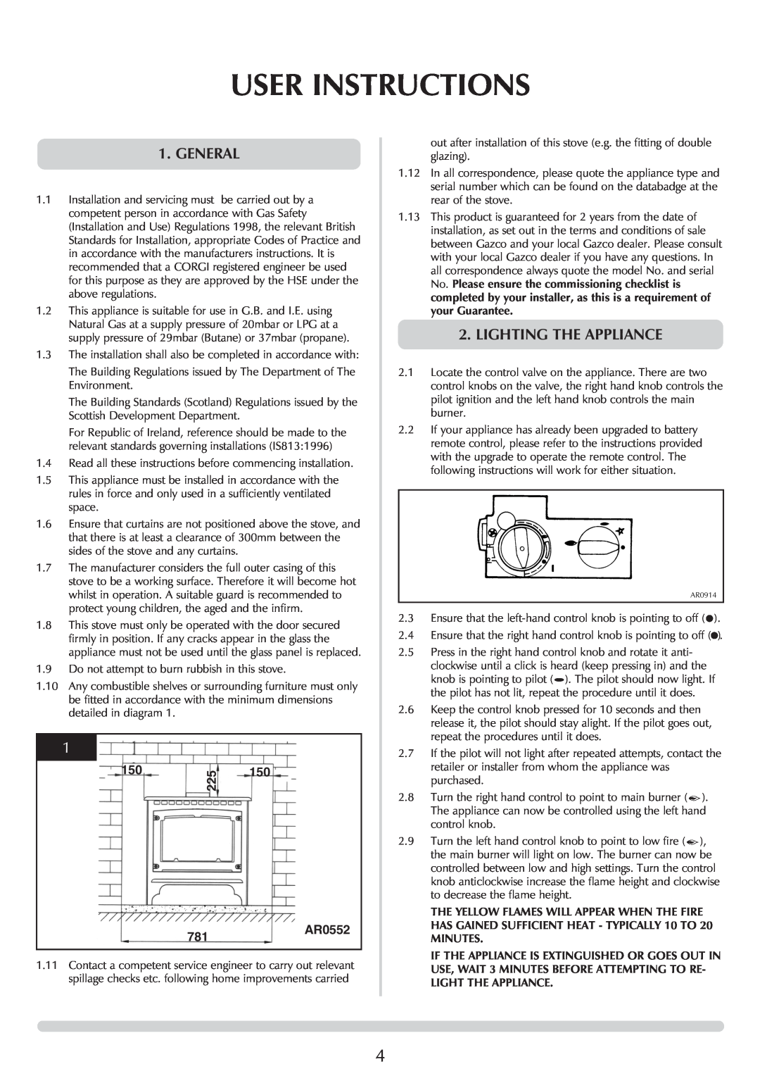 Stovax manual User Instructions, General, Lighting The Appliance, AR0552, Minutes, Light The Appliance 