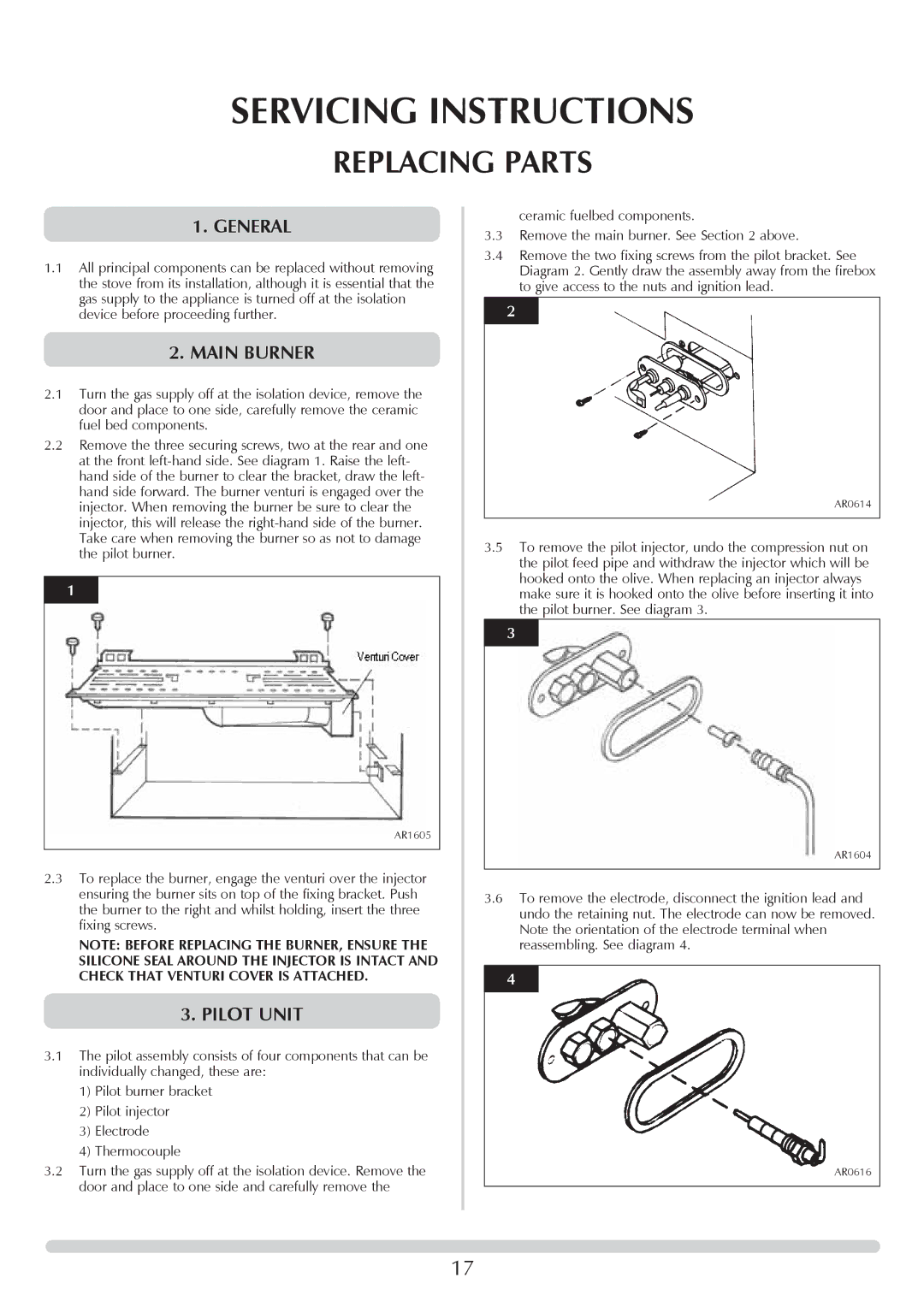 Stovax 705088 manual Replacing Parts, Main Burner, Pilot Unit 